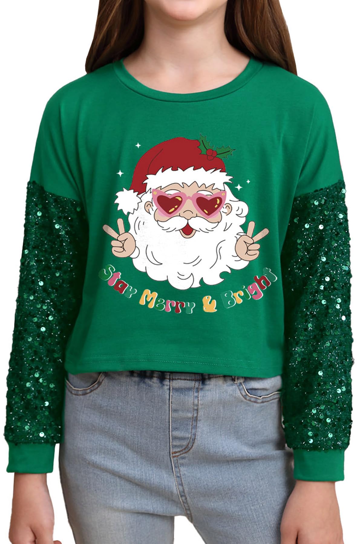 Girls Christmas Sequin Patchwork Sweatshirt Holiday Funny Shirt 6-14 Years