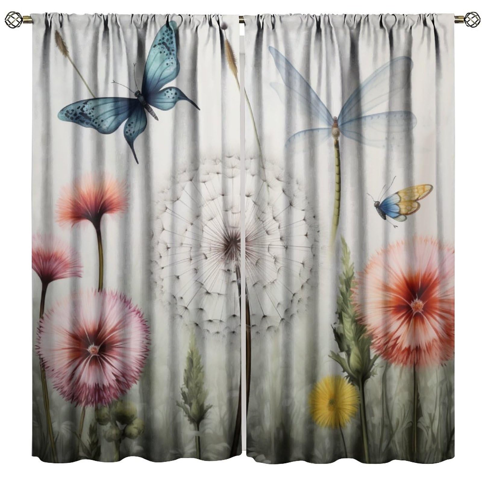 BenYaSong Dandelion Decor Window Curtain Dandelion Pretty Butterfly Dragonfly Style Print for Home Kitchen Restaurant Decoration Window Curtain 2Panel 42" W X 63" L