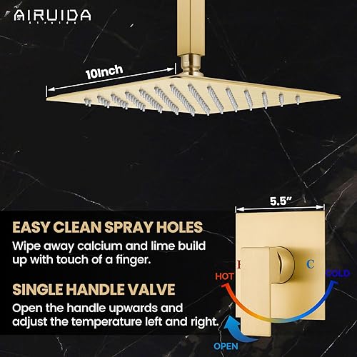 Vista 46 de Airuida Juego de grifo de ducha y mango de una sola función, kit de molduras de ducha de montaje en techo, sistema de ducha de lluvia con roscas