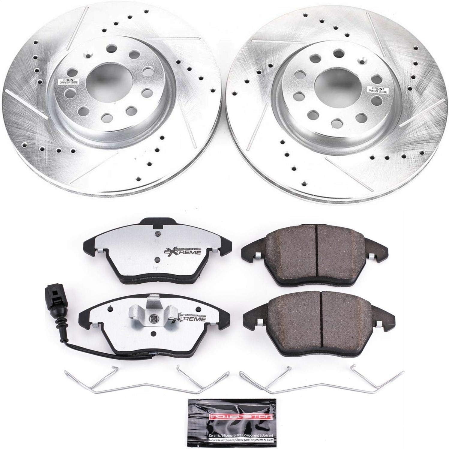PowerStop Front Brake Kit for Audi A3 2006-13 |A3 Quattro 2006-13 |TT 2008-09 |TT Quattro 2009-15 - Carbon-Fiber Ceramic Z26 Brake Pads + Drilled & Slotted Rotors Upgrade, K2259-26