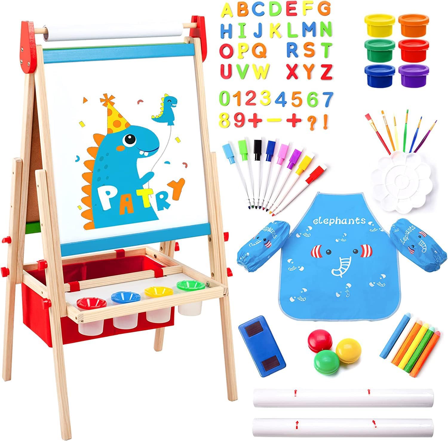 kids easel including 100+ accessories, double sided wooden easel for kids - magnetic chalkboard & painting board & 2 paper rolls, art easel supplies for toddlers 3-8 height adjustable 3-position adjustment