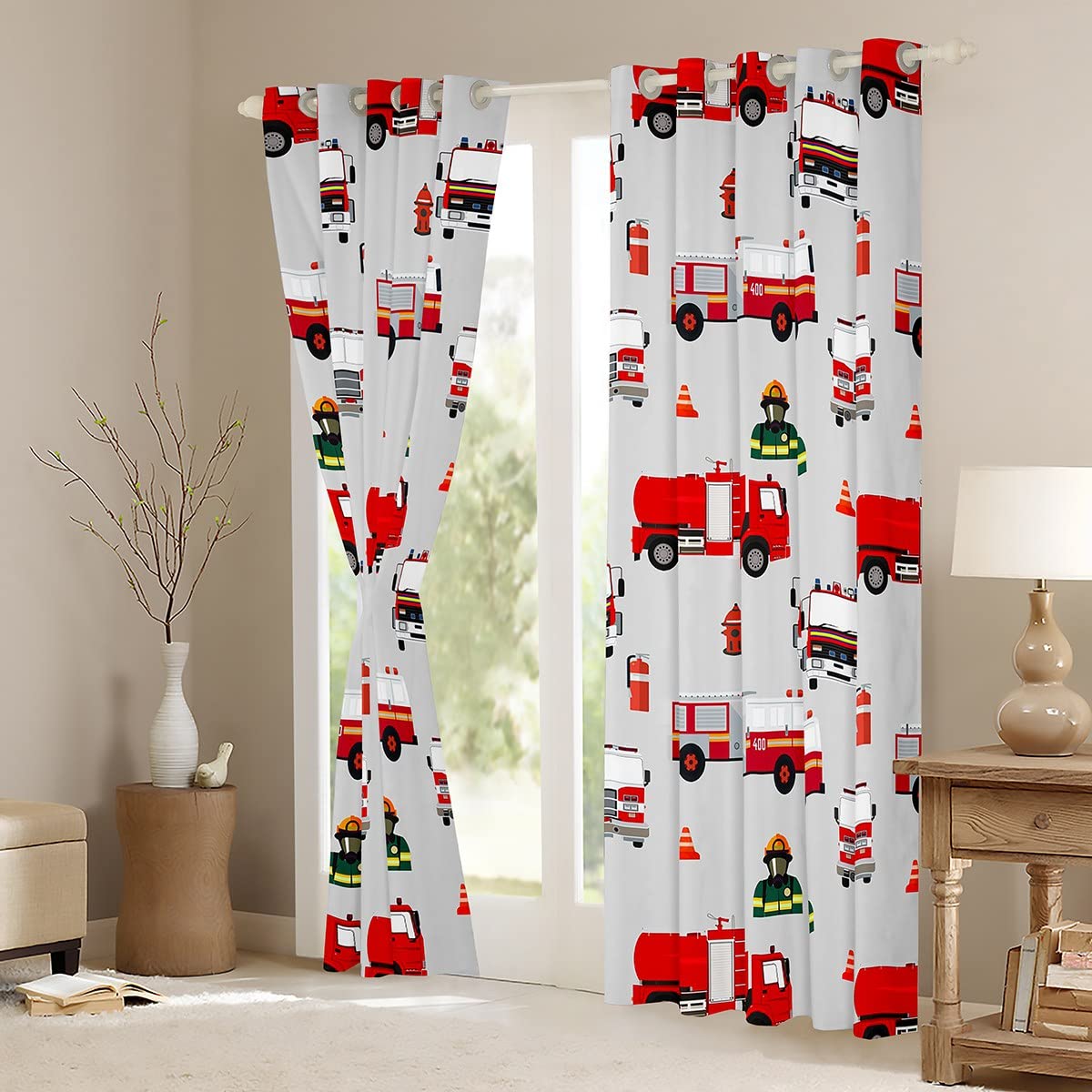 Loussiesd Kinder Feuerwehrmann Fenstervorhang 175x140cm Jungen Feuerwehr Feuerwehrmann Blickdichte Vorhänge Rotes Feuerwehrauto Fahrzeug Muster Vorhänge für Mädchen Schlafzimmer Dekor
