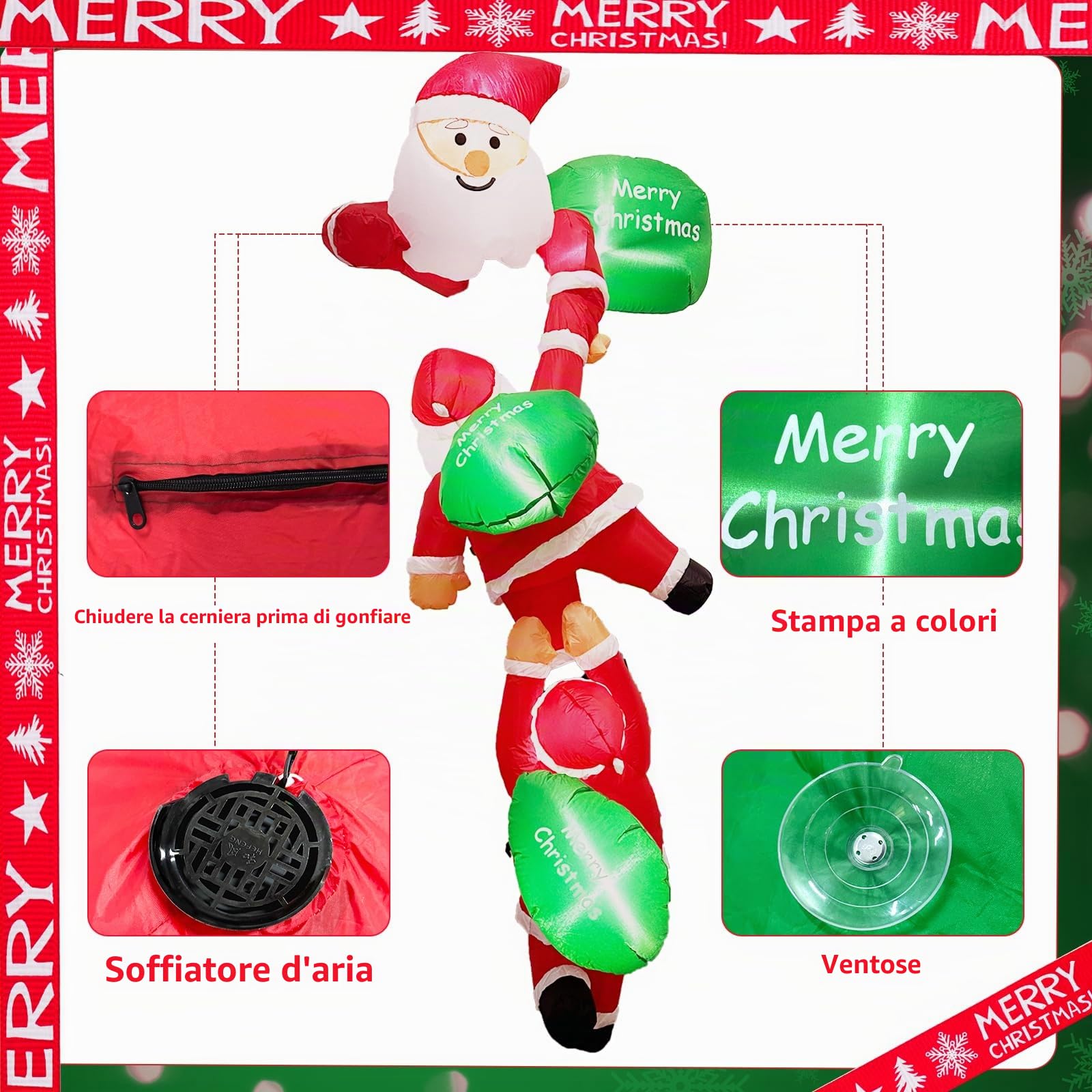 Babbo Natale Gonfiabile Arrampicante Con Luci LED - Decorazione Natalizia per Interni ed Esterni, Giardino e Portico