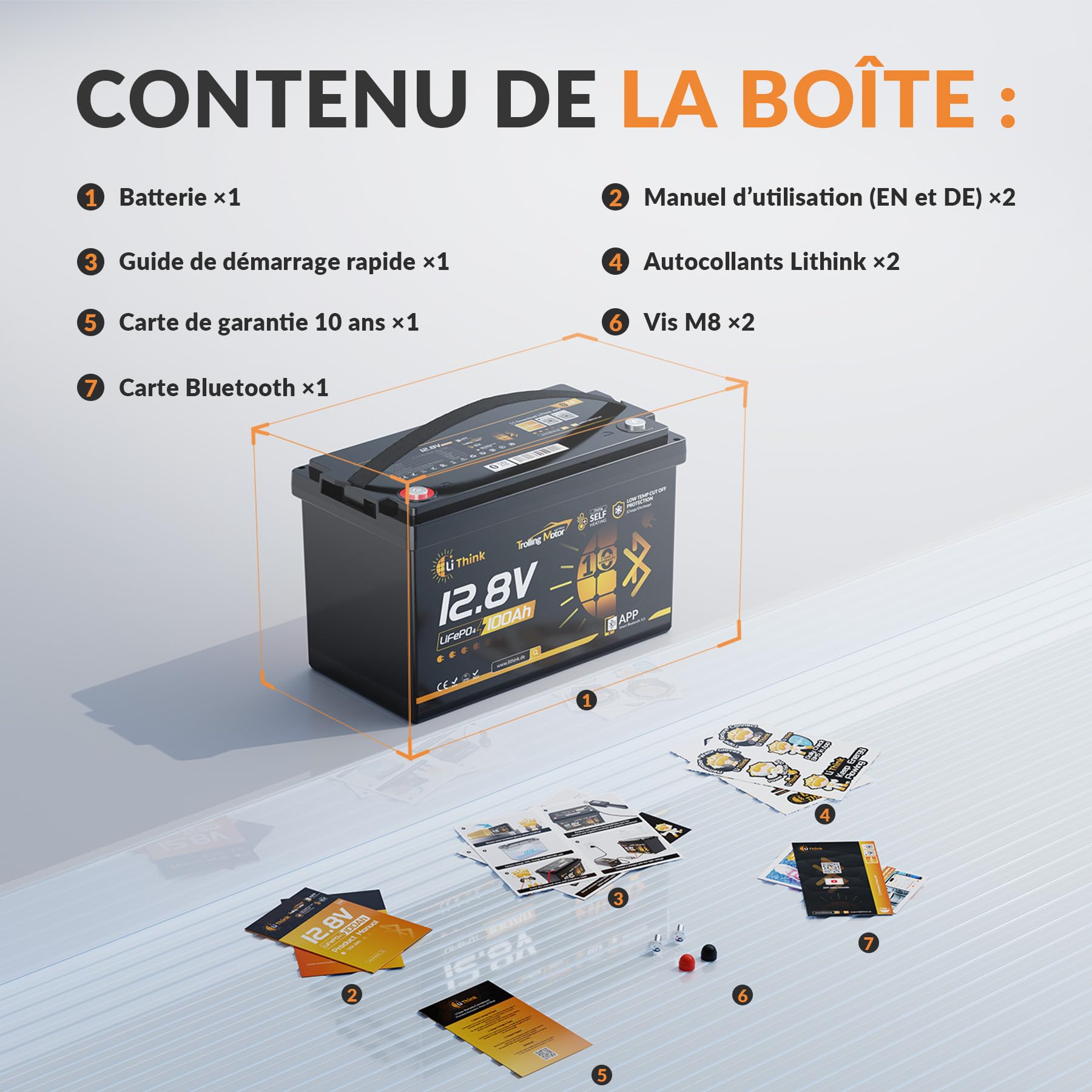 Batterie Lithium 12V 100Ah LiFePO4, Bluetooth, BMS 120A, 1280 Wh, 15000 Cycles, Auto-Chauffage & Basse Température – Idéale Moteur Trolling, Camping-Car, Solaire, Bateau