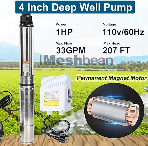 Miniatura 4 de iMeshbean Bomba sumergible de pozo profundo con caja de control externo, 1 HP, 115V, 60 Hz, 33 GPM, cabeza de 207 pies, cable de alimentación de 100