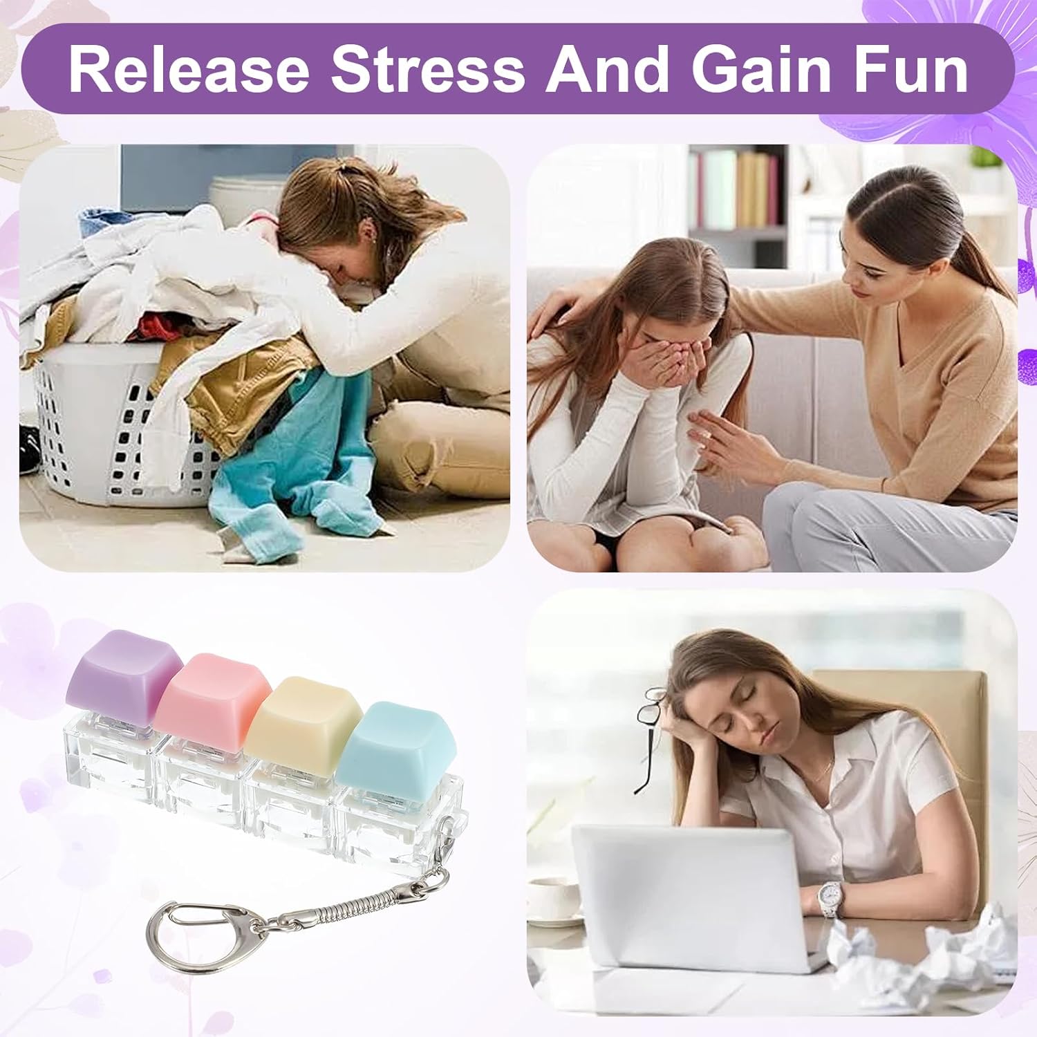 16 Pcs Keyboard Fidget Toys, Keychain Four Keyboard Fidget Clicker Normal and Silent Decompression Button Finger Clicker Toys for Office Classroom Stress Relief ADHD Autism