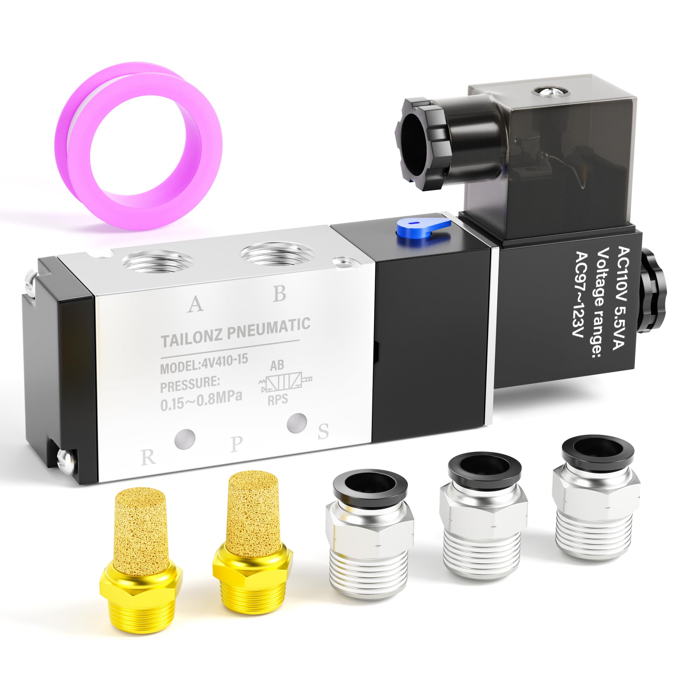 Électrovanne TAILONZ PNEUMATIC 1/2 "BSP 4V410-15 110V simple bobine pilotée électrique 2 positions, 5 voies