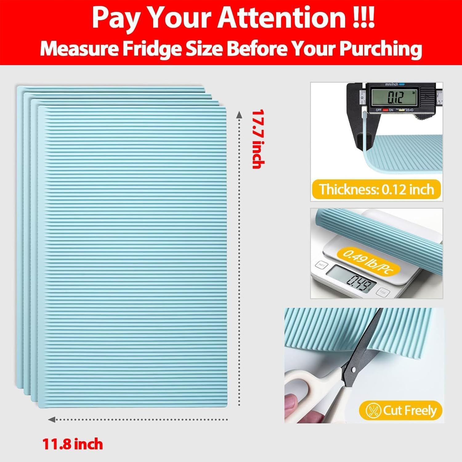 Fridge Liners, 4 Pieces Non Adhesive Refrigerator Liner, Compact Design Spillproof Fridge Mats, Kitchen Drawer Liner for Closet, Home, Apartment, Cabinet, Shelf, Dresser, Counter