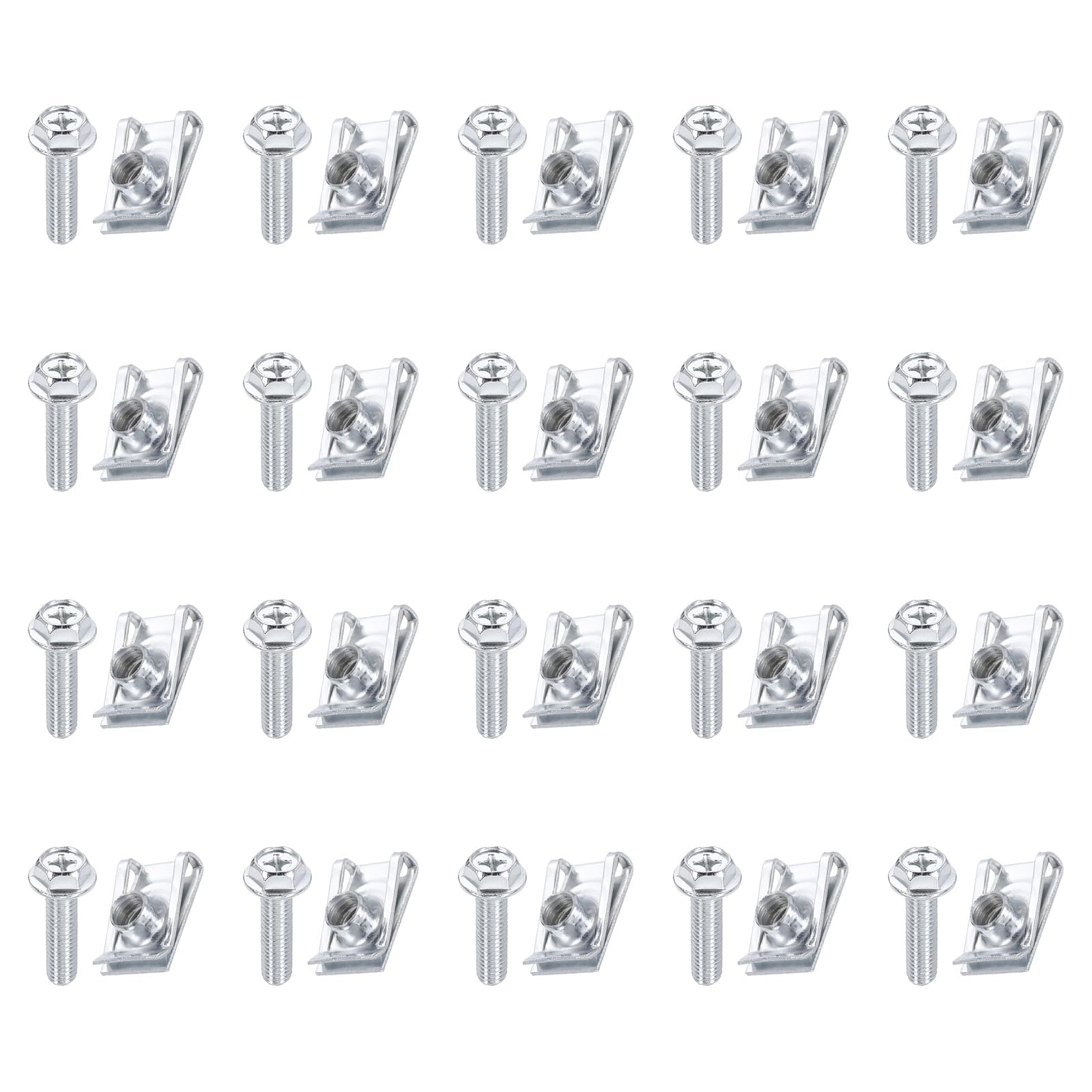 PATIKIL U-Style Clip-On Nut, 20 Pcs M8-1.25 Regular Bolts & Extruded U-Nut U-Type Fasteners Hardware Nuts Manganese Steel for Automotive Metal Cars Motorcycles, Silver