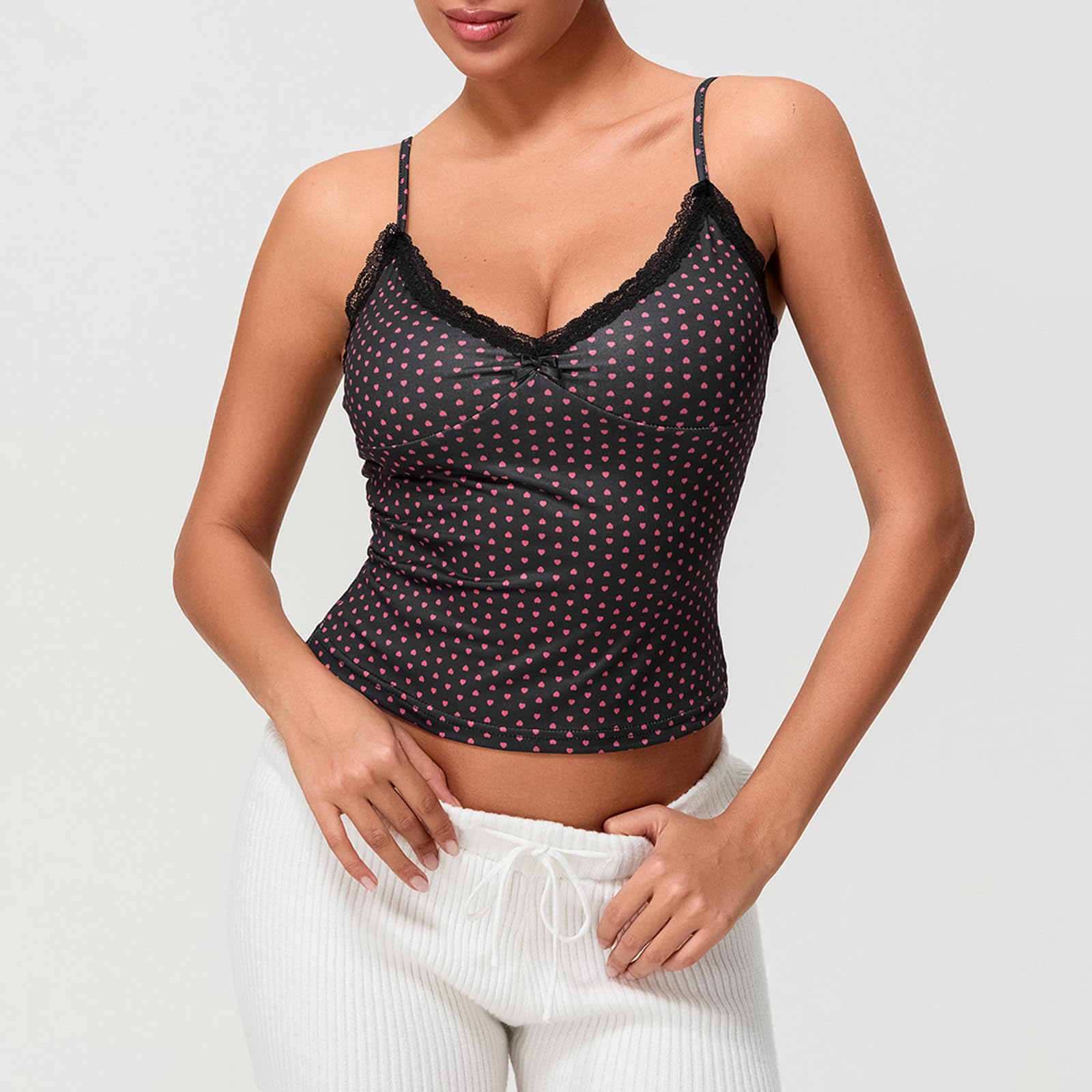Sexy Outfit Top da Donna Y2K a Pois in Pizzo con Canotta e Scollo a V, Cinturino per Spaghetti, Aderente, Corto, Canotta, Casual Estivo, per Uscire
