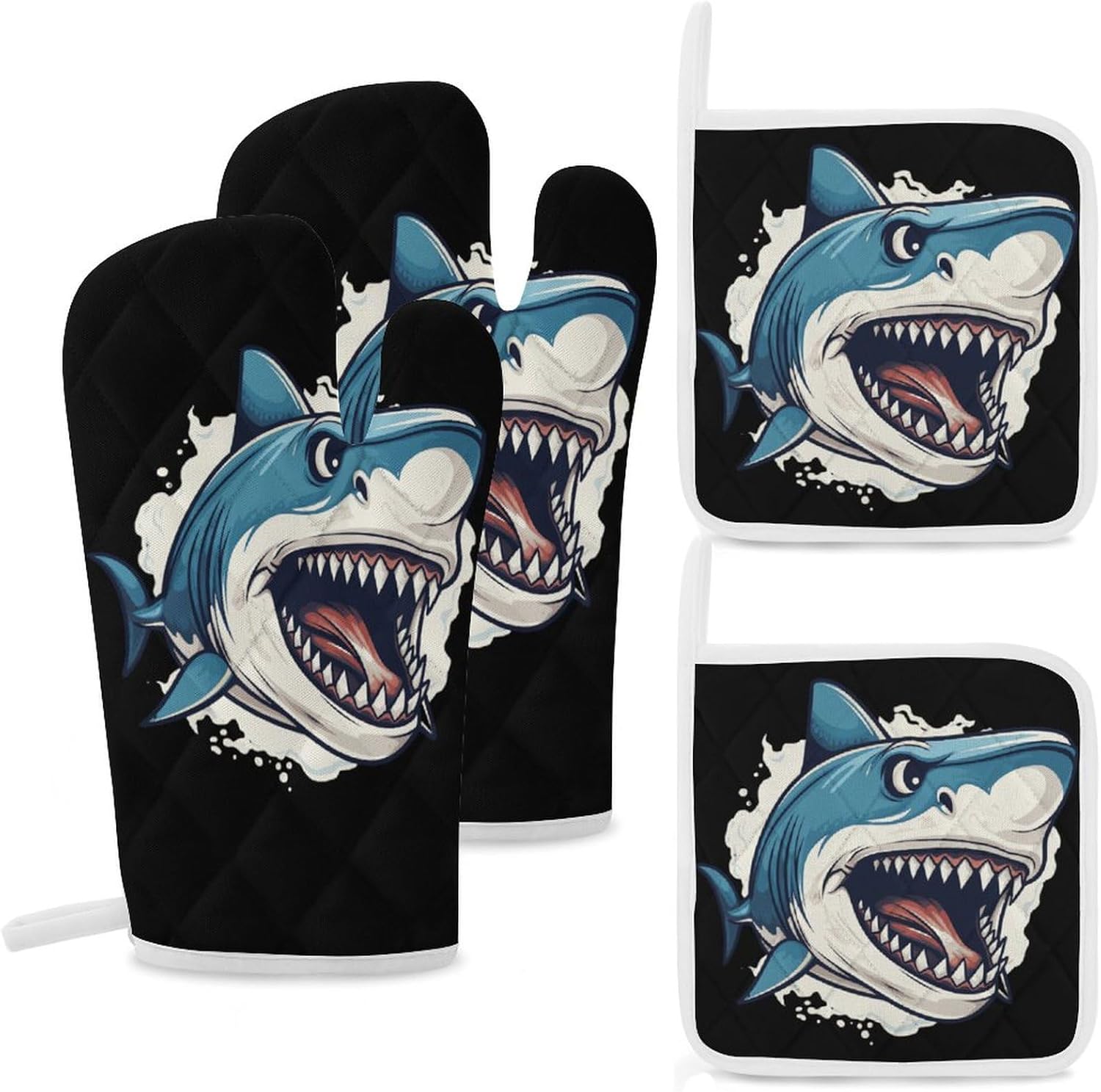 Shark 4 Pcs Oven Mitts and Pot Holders Set High Heat Resistant Long Kitchen Oven Glove Potholders