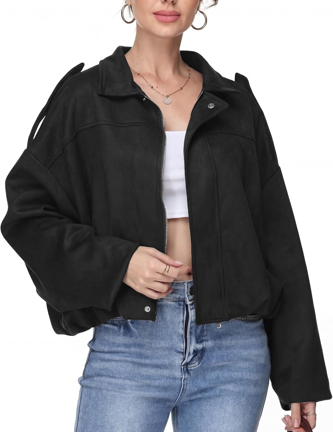 Cuffbow Women Faux Suede Bomber Jacket Oversized Zip Up Lapel Pilot Coat Cropped Casual Cropped 2025 Trendy Streetwear Outfit
