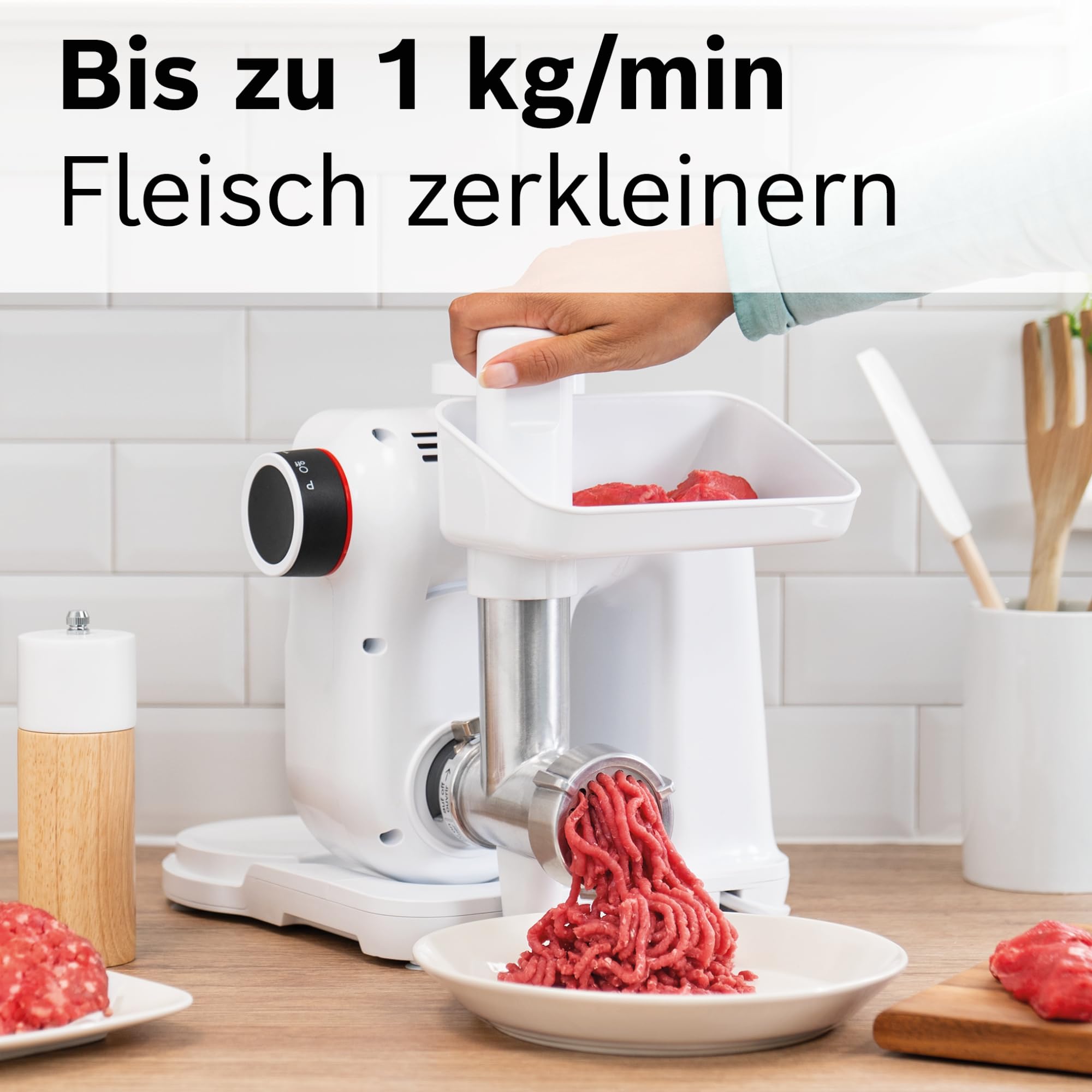 Bosch Fleischwolf MUZS2FWW, Zubehör passend für Küchenmaschine Serie 2, Fleischwolf, Stopfer, Edelstahl Loch-Scheibe 4,5 mm, auch für Fisch und Gemüse, leichte Reinigung