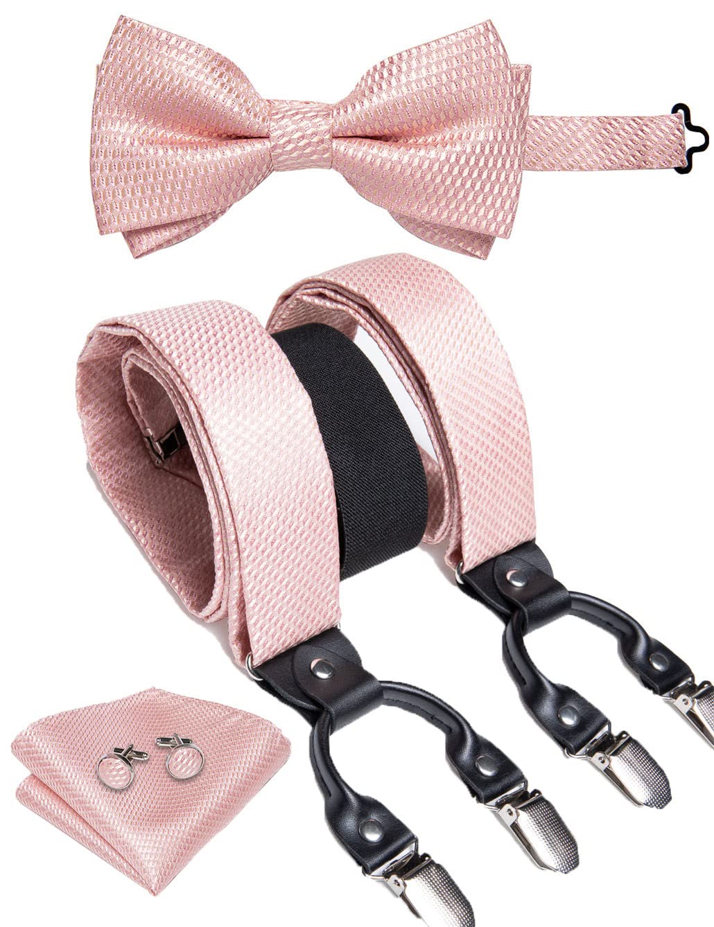 keusyoi Elegantes tirantes de seda dorada para hombre, de cuero y metal, 6 clips, tirantes elásticos para pantalones de boda