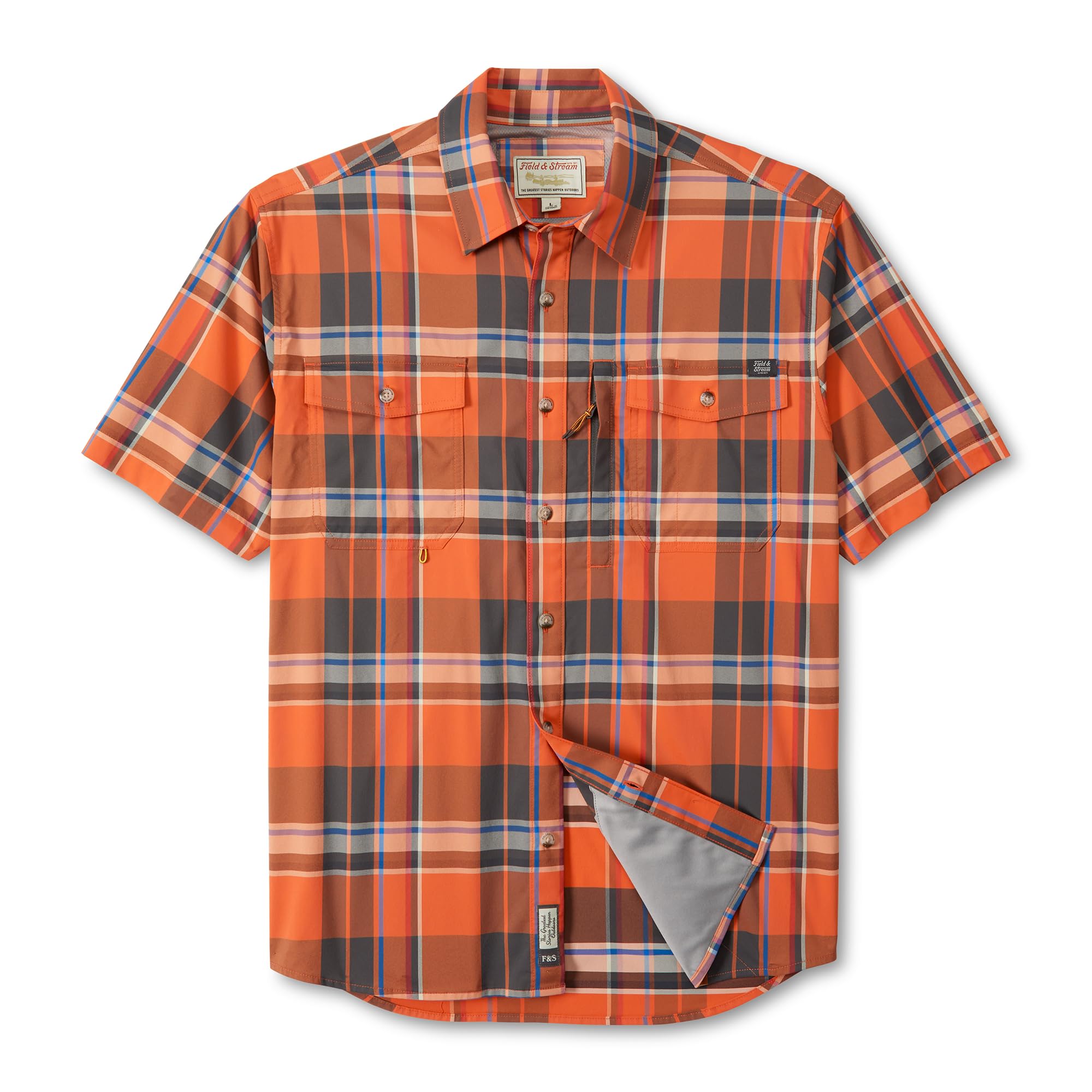 Field & Stream Men's Line Burner Short Sleeve Fishing Shirt, Sunkissed Plaid, Sunkissed Plaid, Large