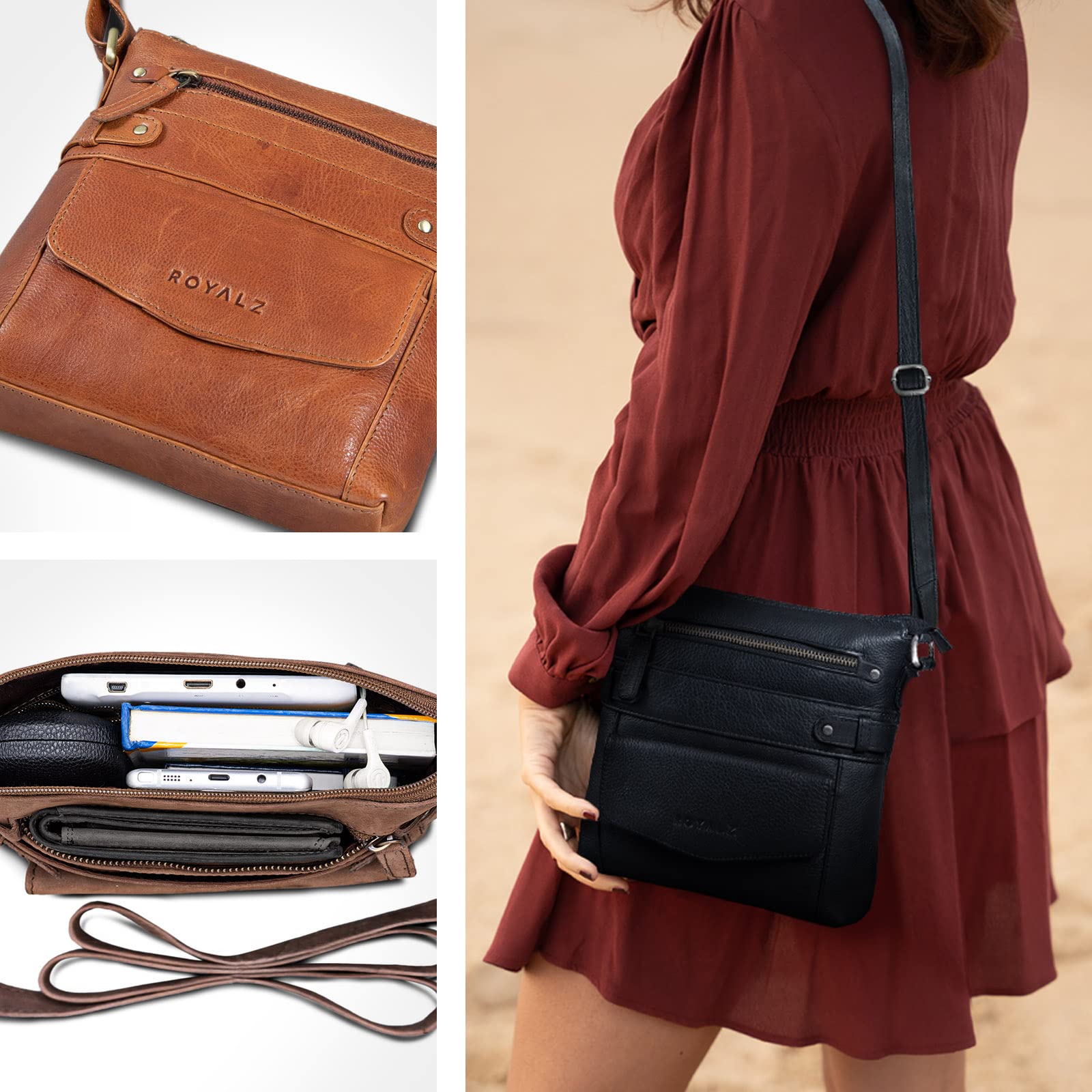ROYALZ 'Madison' Vintage Handtasche Damen schwarz Umhängetasche klein kompakte Ledertasche