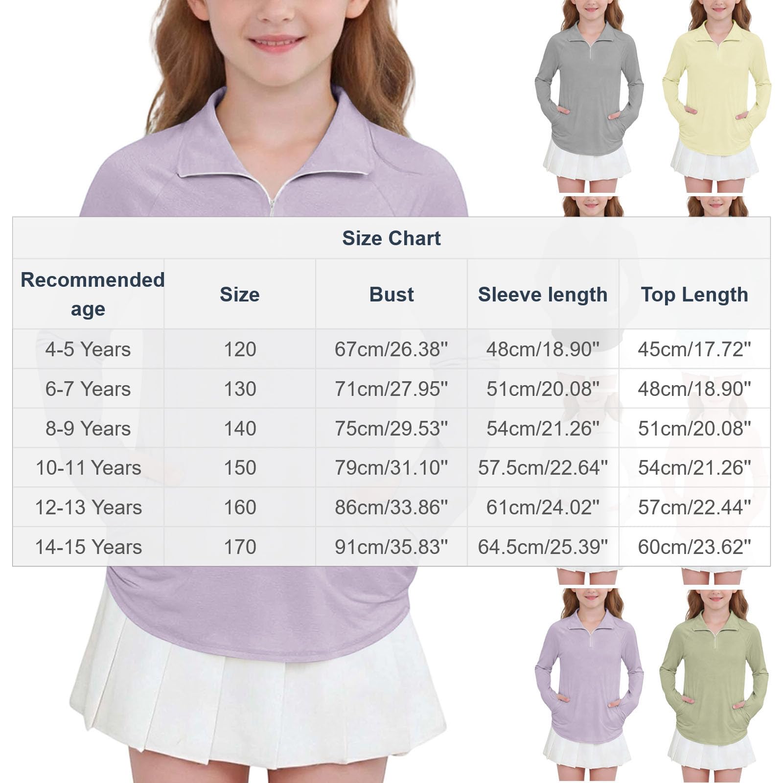 Camiseta de Protección Solar Niña Manga Larga 1/4 Cremallera Secado Rápido Transpirable Thumbhole 4-15 años