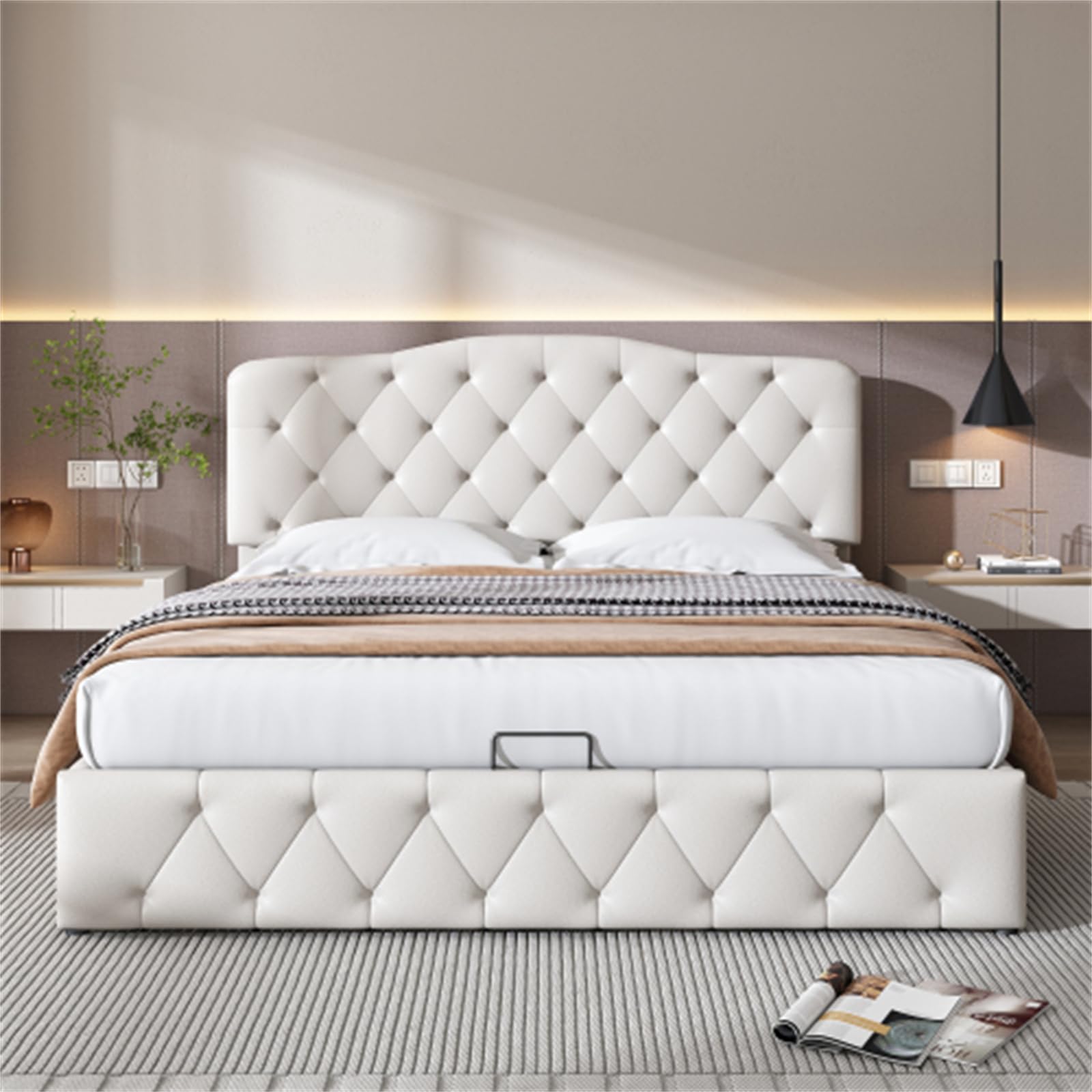 Letto imbottito con motivo litchi, 140 x 200 cm, bianco, con testiera regolabile in altezza e telaio idraulico sollevabile per adulti e ragazzi