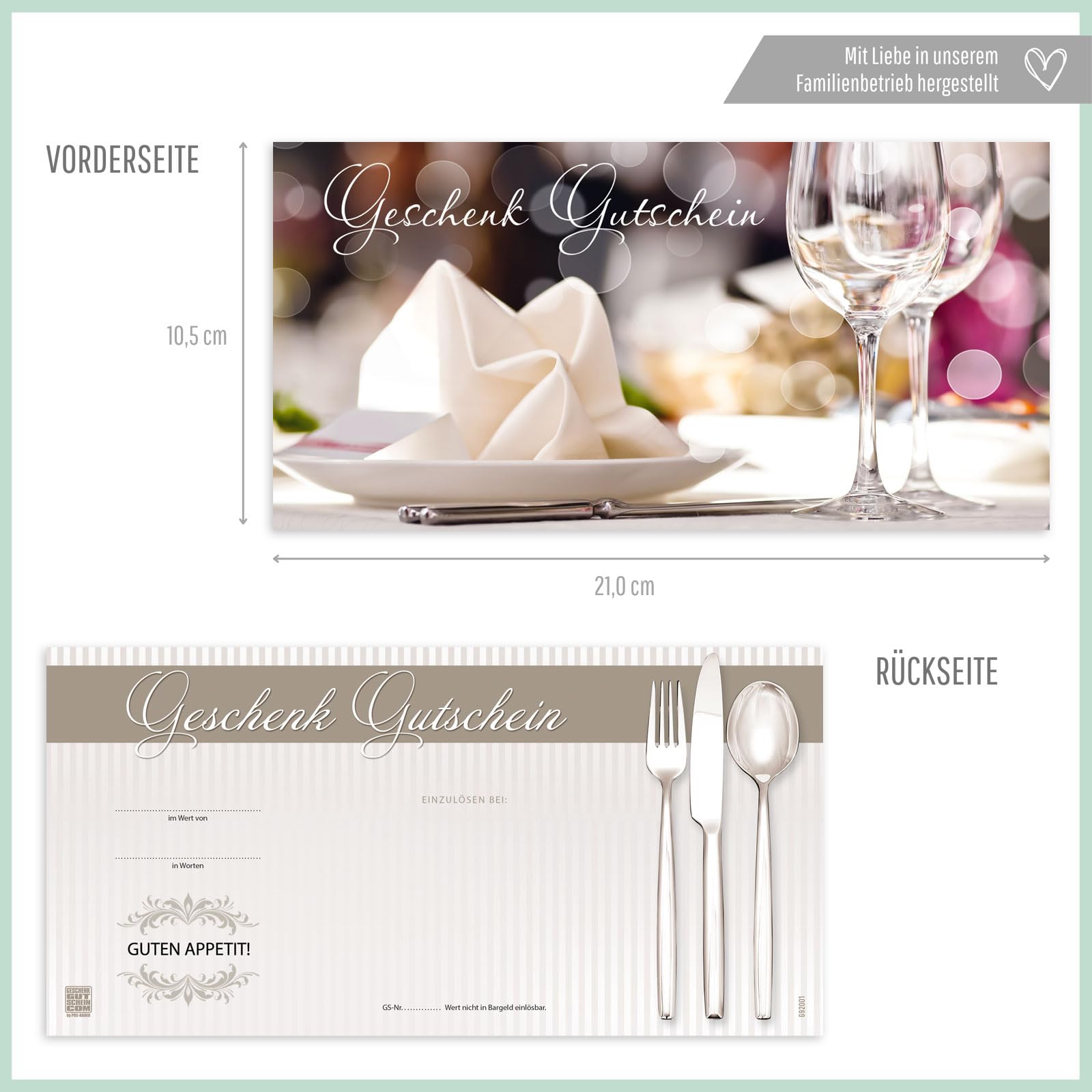 GESCHENKGUTSCHEINcom - 50 Blanko Gutscheine mit Umschlag - Formulare mit Vordruck für Restaurant Gasthaus Gastronomie Gasthof Hotel G920011-50-V1