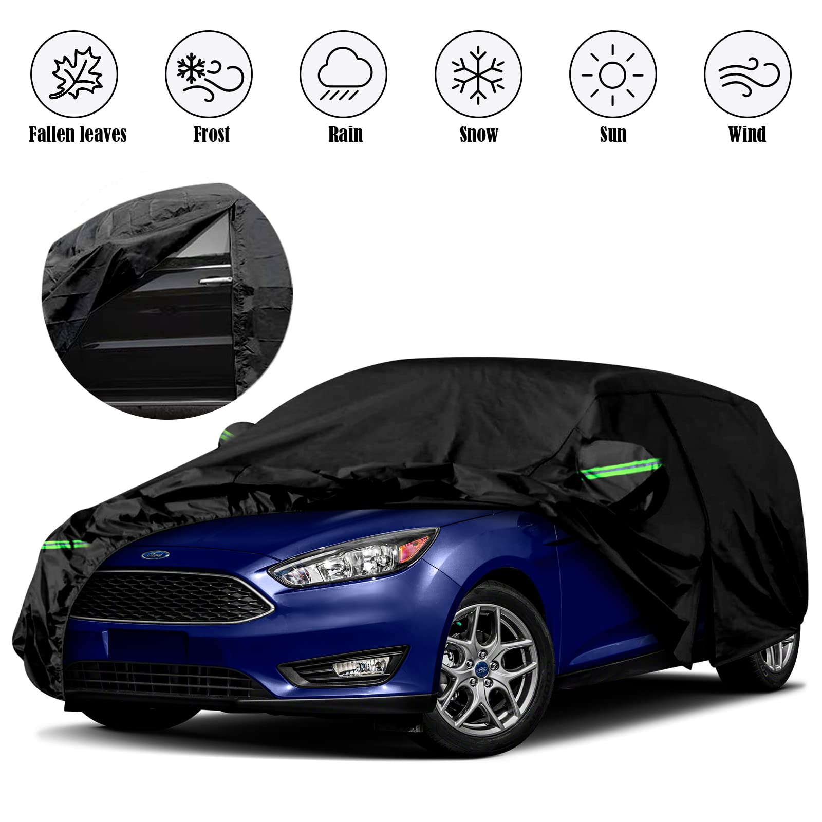 Copertura Auto Impermeabile 4 Stagioni Per Ford Focus Berlina – Materiale 190T-PU, Nero Con Zip – Protezione Antipioggia, Antigraffio E Anti-UV