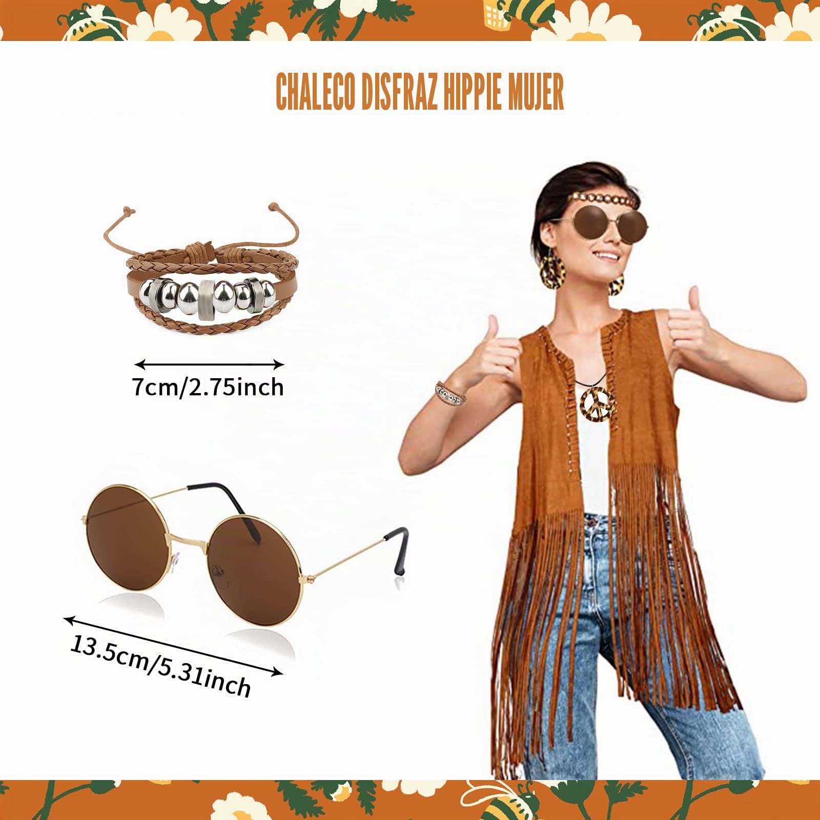 Accesorios de disfraz hippie para mujer, conjunto de hippie de disfraz de los años 70, chaleco con bombillas, banda, brazalete, pendientes, collar, gafas de sol, disfraz disco de carnaval