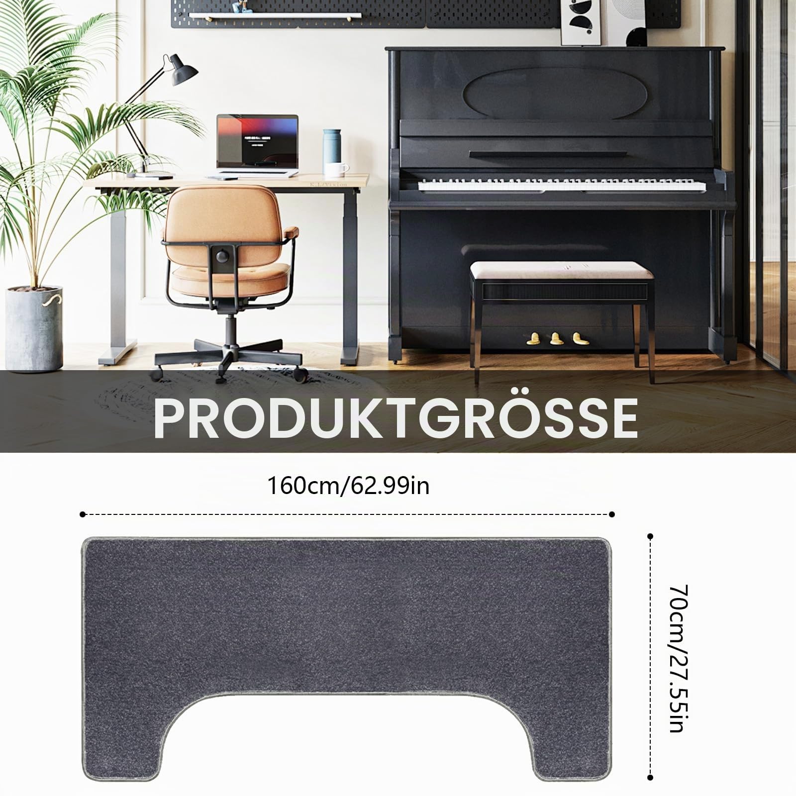 Aisny Klavierteppich, Schallschutz Teppich 160 x 70 cm Klavier Matte rutschfest Matte Klavier Teppich Klavier Bodenschutzmatte Antivibrationsmatte für Schalldämmung, Grau
