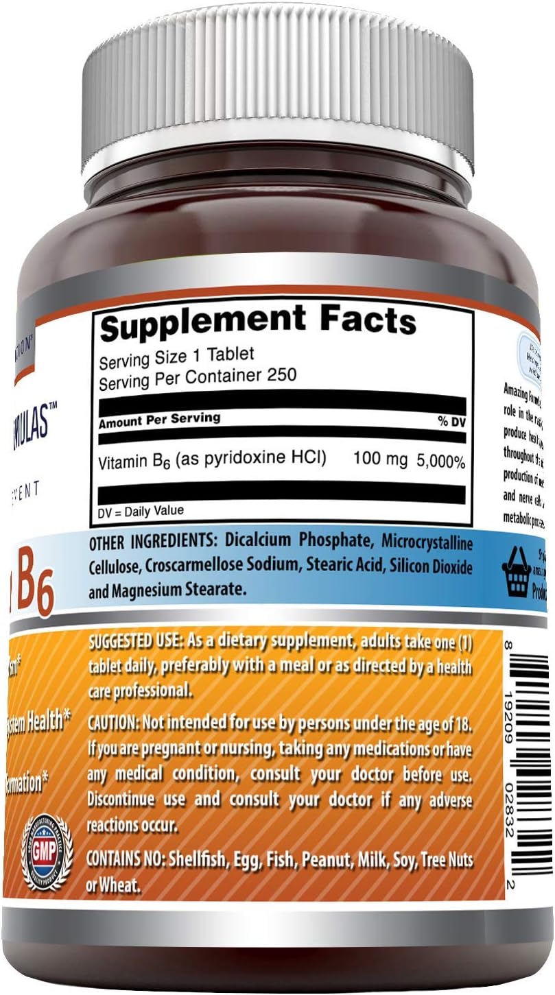 Amazing Nutrition Vitamin B6 Dietary Supplement – 100 mg, 100 Tablets (Non-GMO,Gluten Free) – Supports Healthy Nervous System, Metabolism & Cell Health : Health & Household