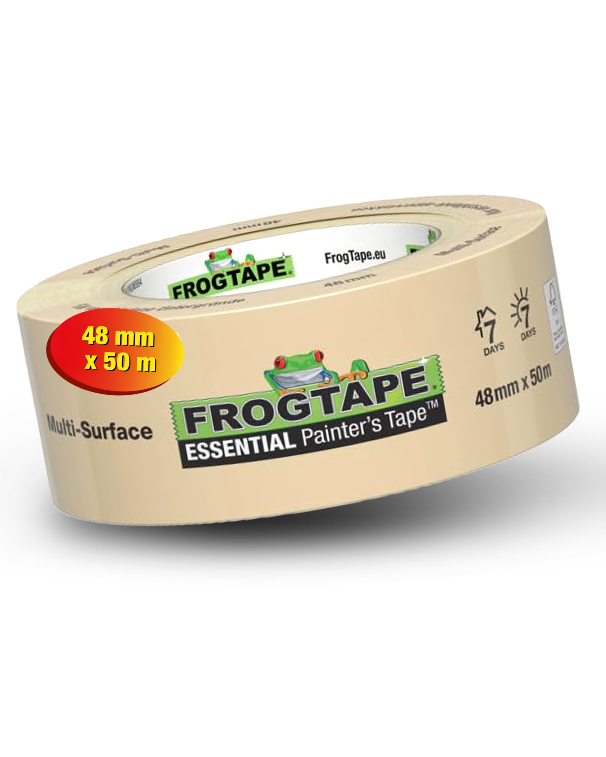 FrogTape Essential Feinkrepp-Malerband 48mm x 50m – Abklebeband Innen & Außen – Hochwertiges Kreppband für saubere Farbkanten – 7 Tage rückstandsfrei – FSC Zertifiziert – Profi Maler Tape