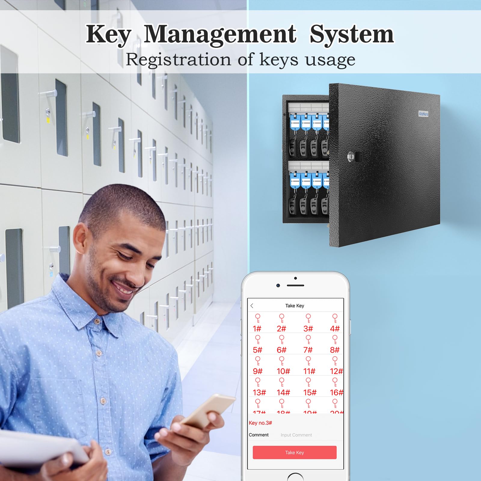 WeHere 48 Key Cabinet Organizer, Key Lock Box, Key Safe Security Storage Lockbox Holder For Valets, Hotels, Car And House Keys, Key Keeper Box – Blue