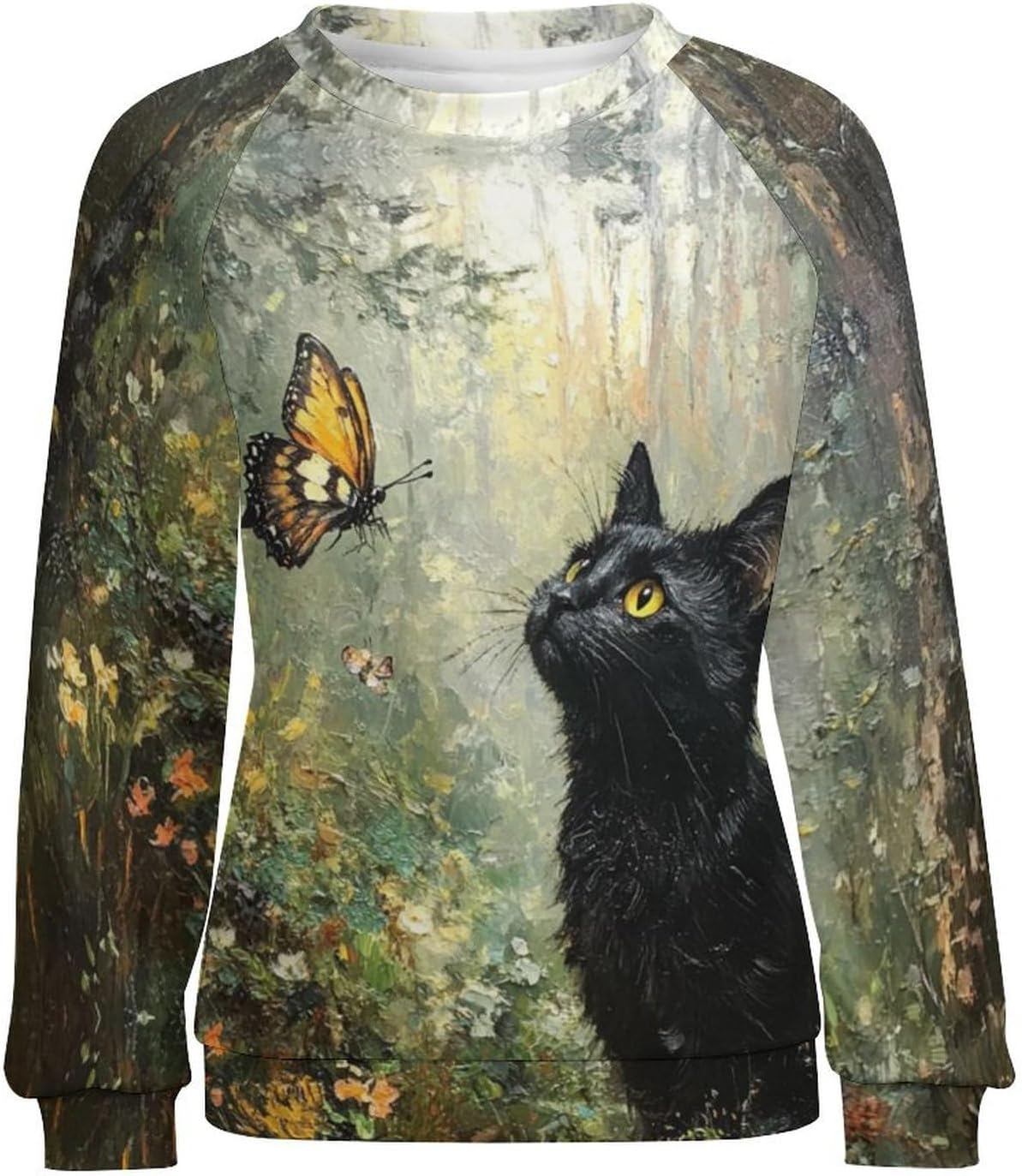 Sweatshirts for Women Oil Painting Black Cat Print Crewneck Pullover Long Sleeve Outdoor Casual Sweater - Image 4