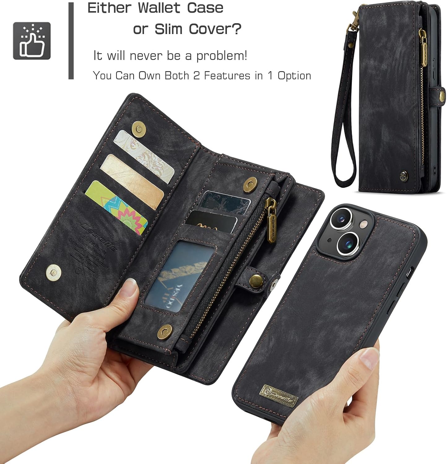 iPhone 15 Wallet Case,iPhone 15 Zipper Folio Leather Case Wallet with Card Holder Strap Wristlet Detachable Magnetic Protective Back Case for iPhone 15 5G 6.1 Inch (Black)