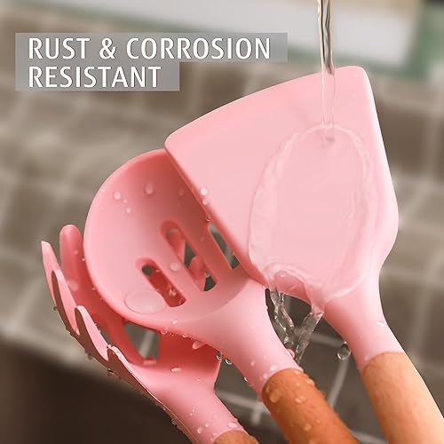 Miniatura 6 de hecef Pink Combo, juego de 5 piezas de bloque de cuchillos de cocina con bloque de madera rosa, 32 piezas de utensilios de cocina de silicona, color