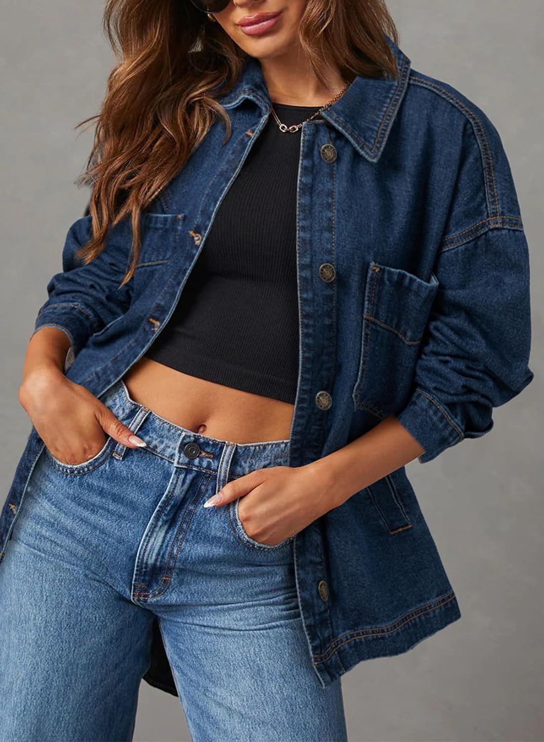 Sidefeel Women's Jean Jacket Oversized Boyfriend Button Up Long Sleeve Split Zimbaplatinum Denim Jackets - Image 3