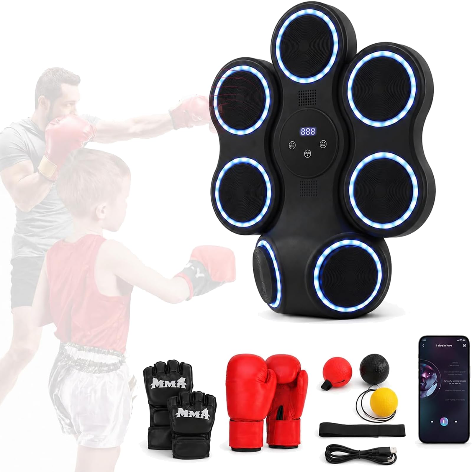Máquina de boxeo musical con luces LED, Bluetooth, 9 modos de velocidad y modo de conteo, máquina electrónica de boxeo para niños y adultos, caja de música para casa y gimnasio