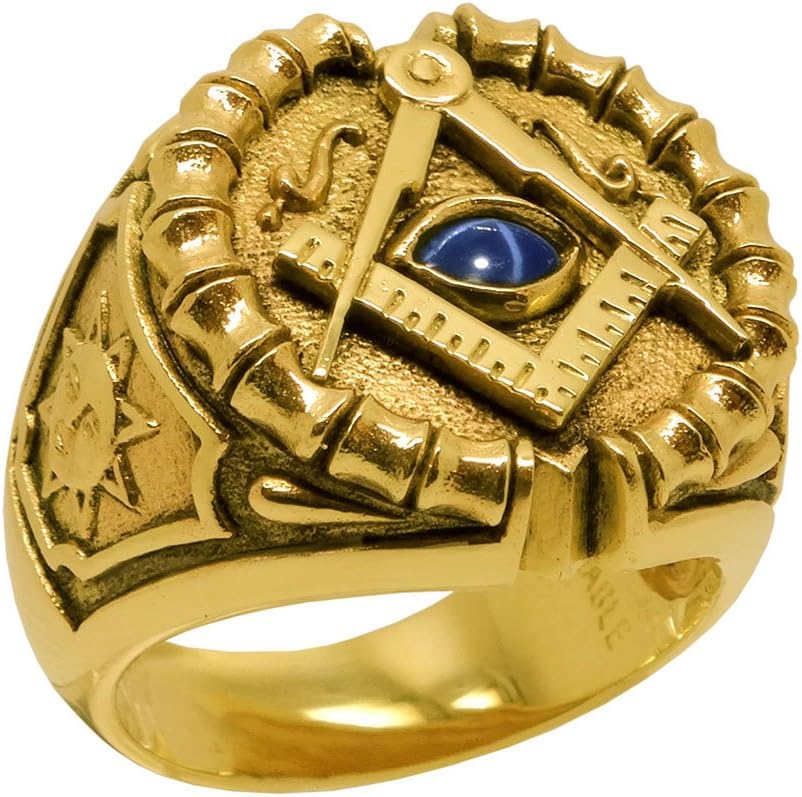 Custom Made 14K Yellow Gold Masonic Ring with Blue Morocco