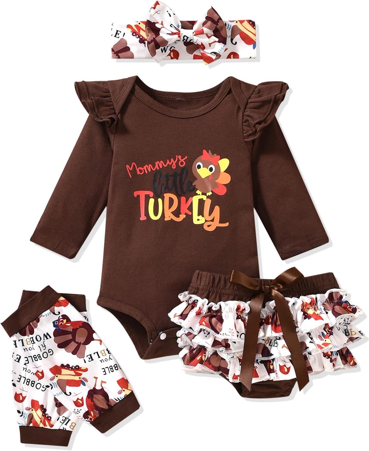 fioukiay Newborn Baby Girls Thanksgiving Clothes Outfits Infant 4pcs Turkey My First Thanksgiving Romper Shorts Clothing Sets
