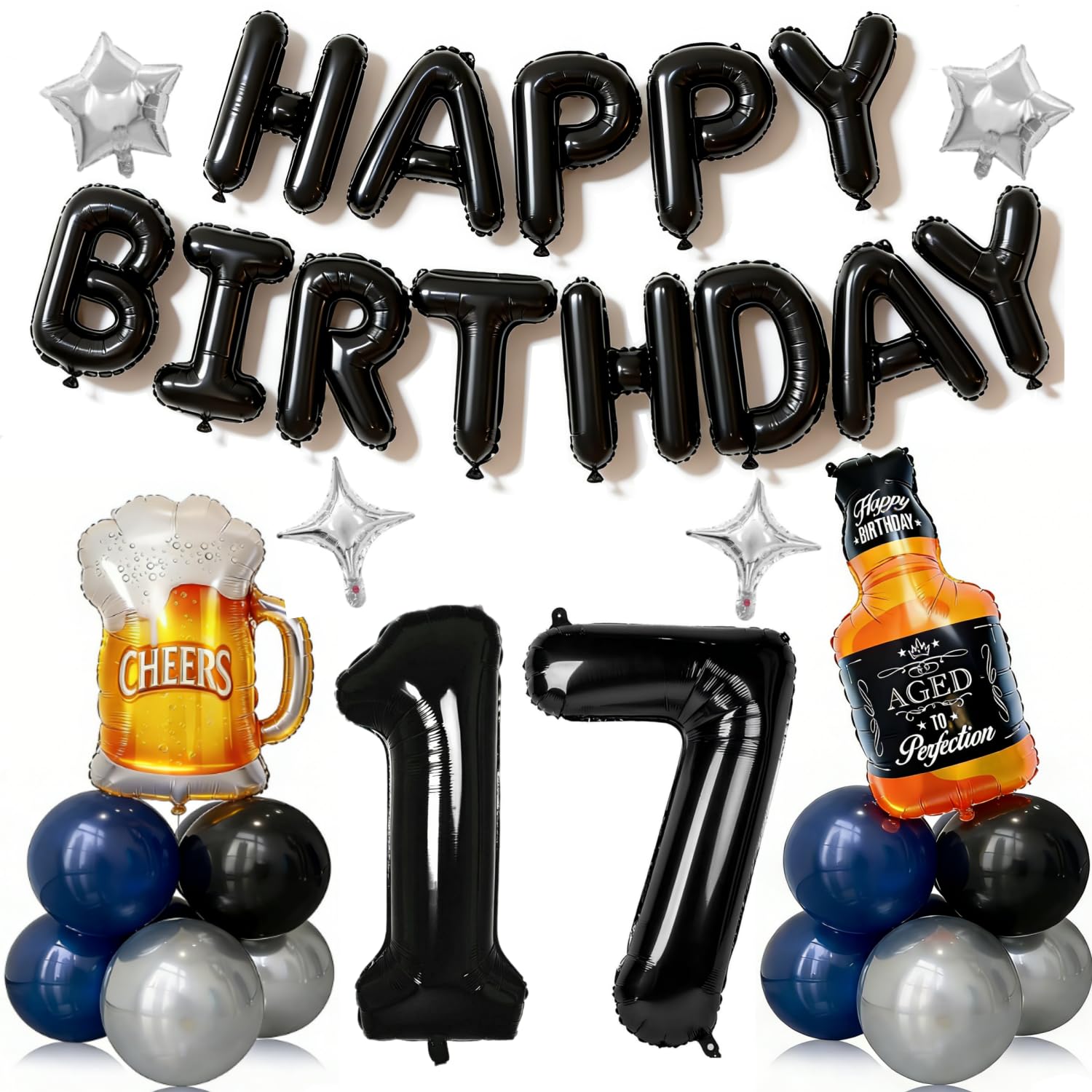 17th Birthday Decorations for Boys 41pcs with Number 17 Foil Balloon Black and Blue Balloons Whiskey Beer Kit for Party Supplies