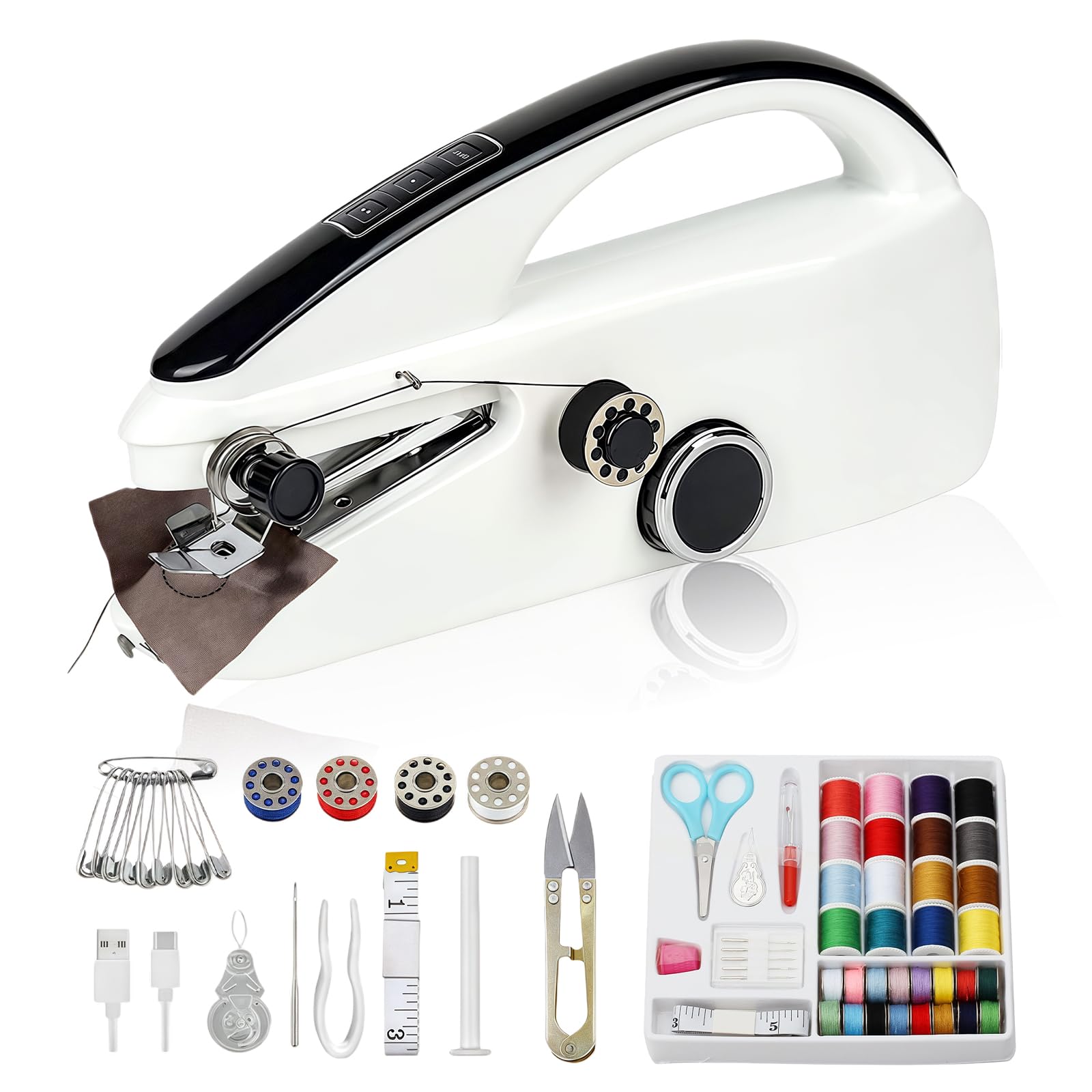Esoes Handheld Sewing Machine for Beginners, Mini Portable Electric Sewing Machine with Two Speed Easy to Use and Fast Stitch Suitable for Clothes Fabrics Home Travel DIY Repairs Gift White