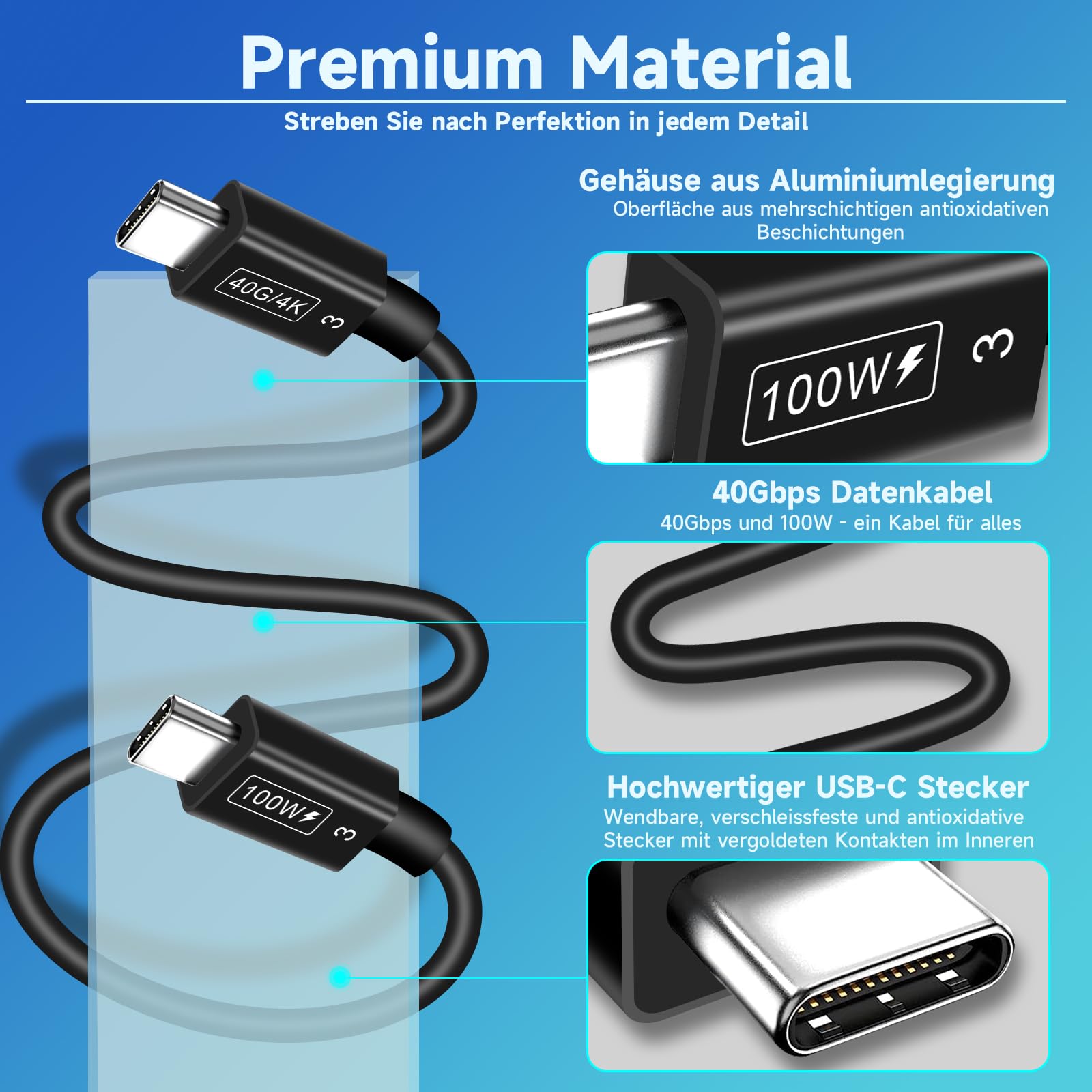 Cavo USB C 3 metri – 100 W ricarica rapida, 40 Gbps, video 4K, compatibile con Thunderbolt 3