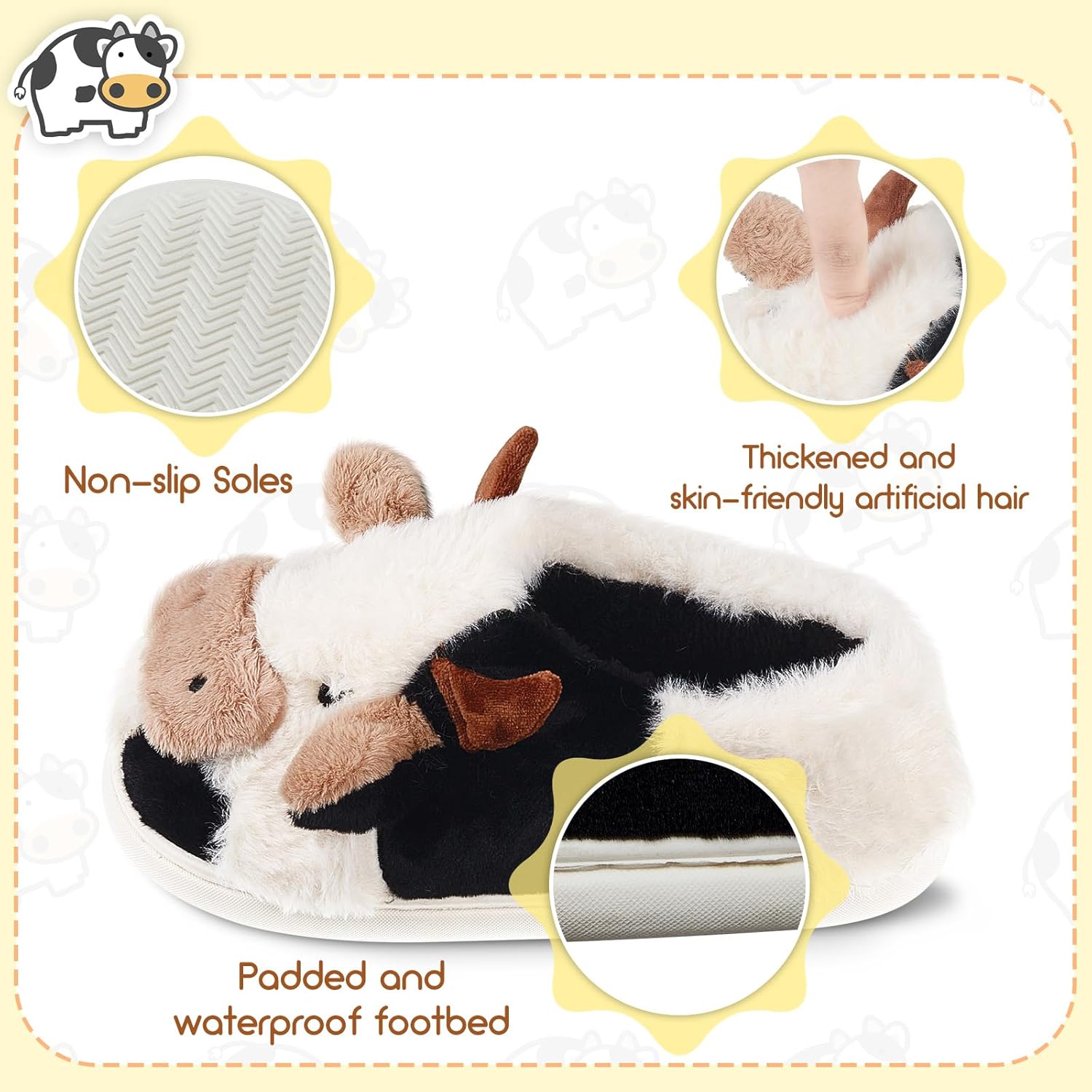 Zhanmai Fuzzy Cow Slippers Sock Gift Women Cartoon Animals Fluffy Plush Non Skid Winter Print House Shoes - Image 3