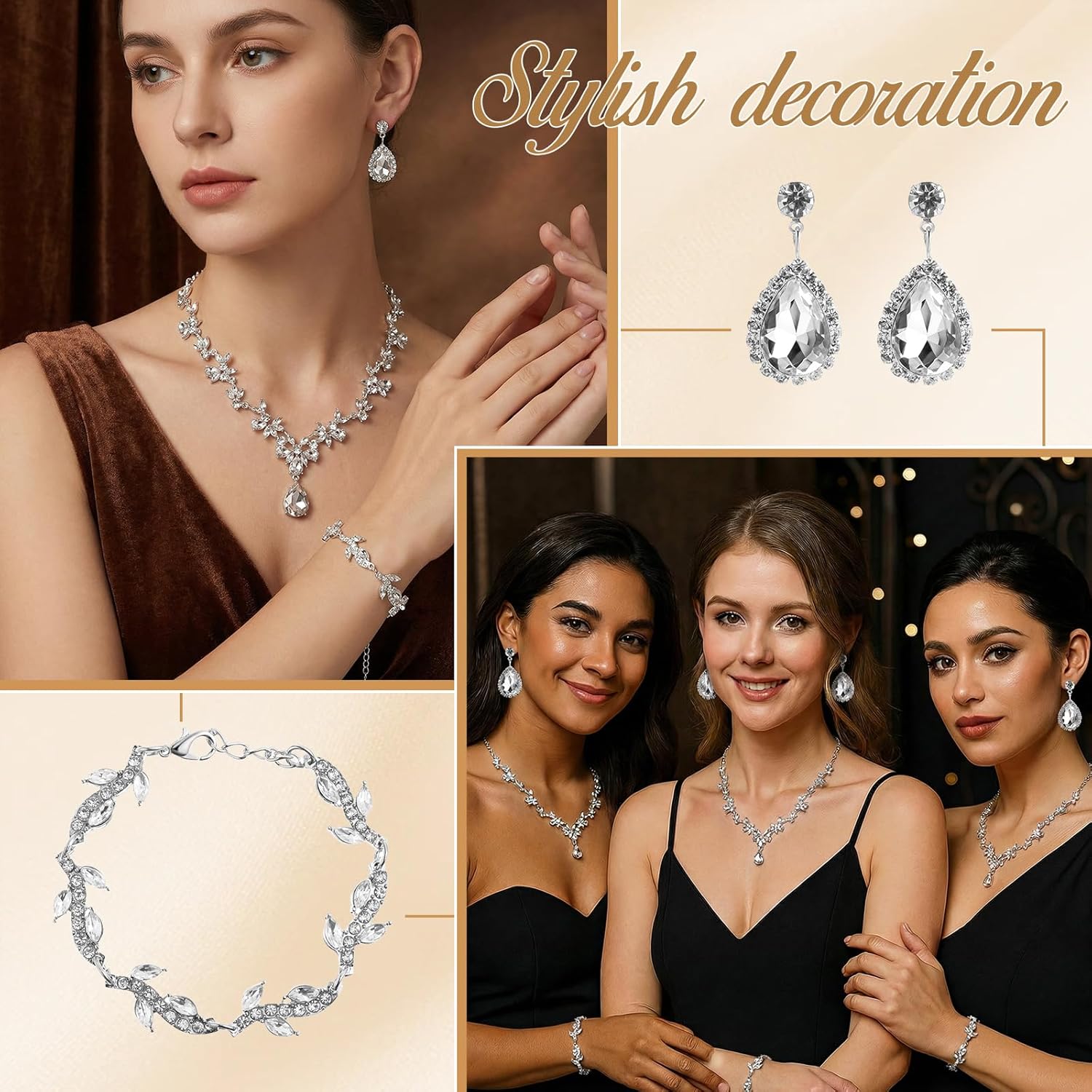 Cunno 3 Pcs Floral Jewelry Set for Women Silver Necklace Earrings Bracelet with AAA Cubic Zirconia for Wedding Bridal Party - Image 4