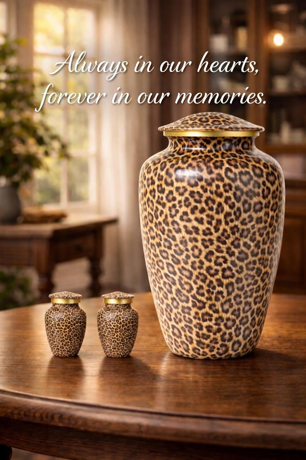 Leopard Print Cremation Urn for Human Ashes 200lbs – Adult Funeral Urn with 2 Keepsake Urns - Secure Lid, Decorative Large Memorial Urn Set for Home Display Included Valvet Bag
