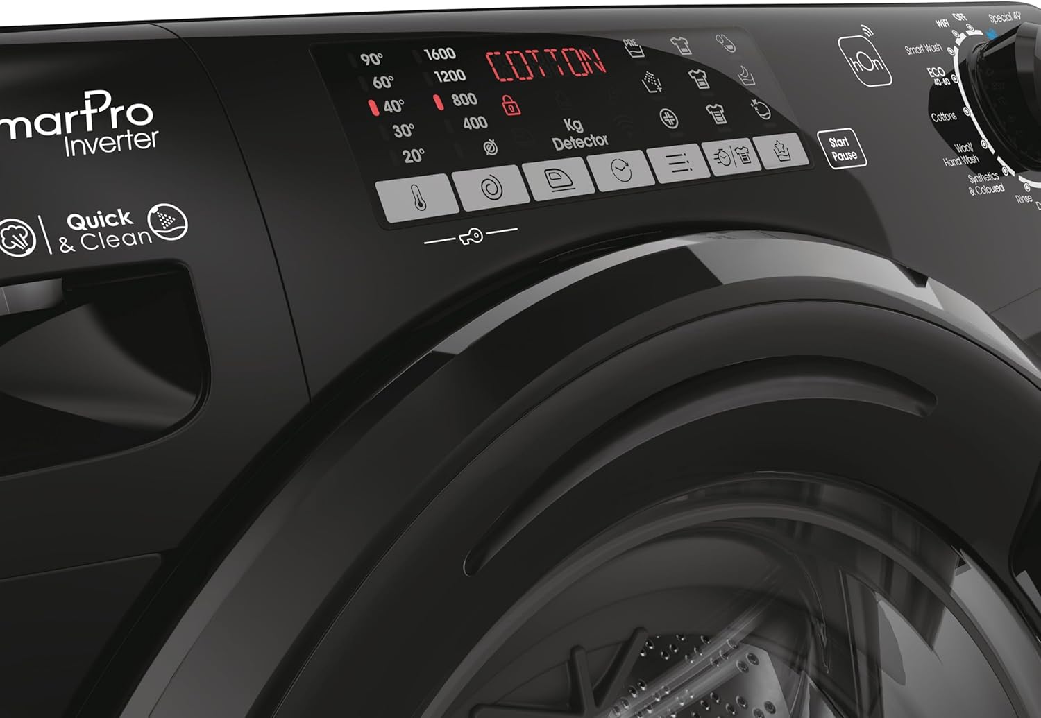 Close-up view of the control panel and program dial of the Candy Smart Pro Inverter washing machine.