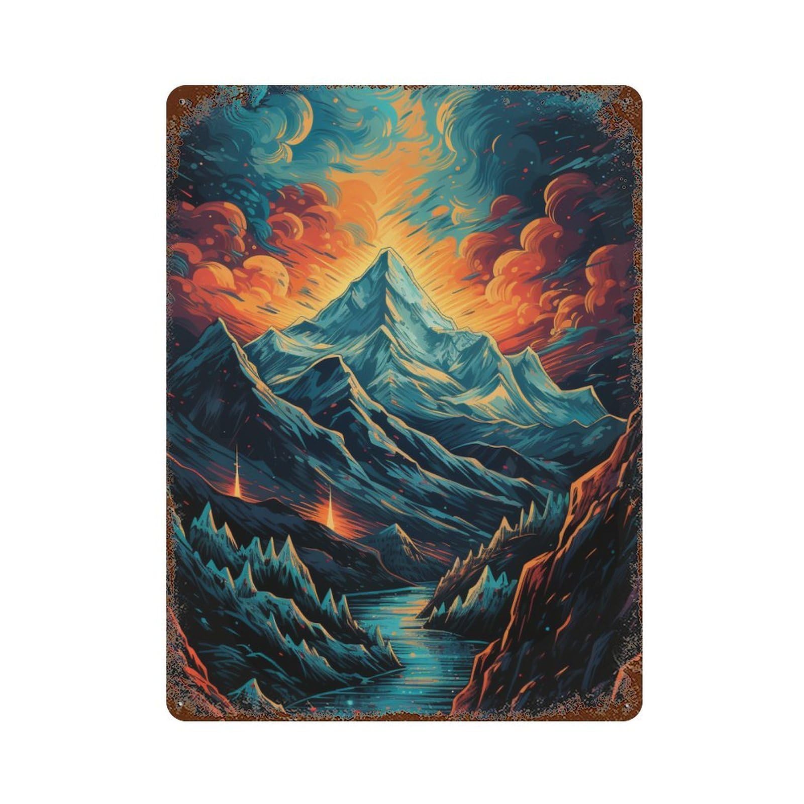 Garage Style Volcanic Mountain Landscape Distressed Metal Wall Sign 15.7"x11.8", Rustic Home Decor for Bar And Workshop