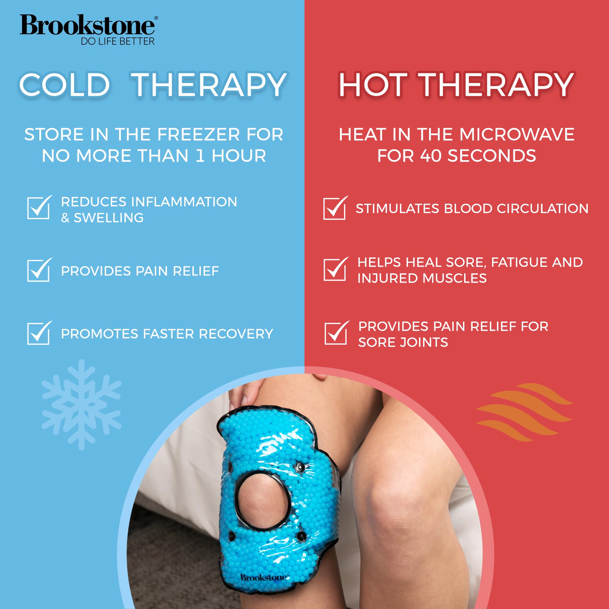 Brookstone Therapeutische Kniebandage mit schnell wirkenden und sicheren Kieselsteinen, wiederverwendbare Heiß- und Kaltpackung für Knie und Gelenke, durchdringende Schmerzlinderung bei Beschwerden,