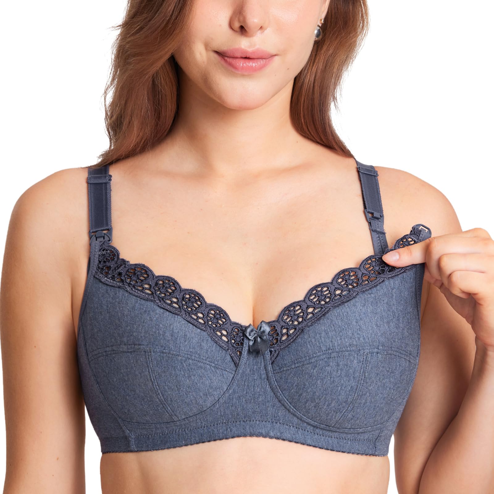 Gratlin Women's Blue Marl Nursing Bras Cotton Plus Size Maternity Wireless Comfort Breastfeeding Bra 36H