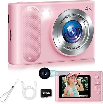 Digital Camera,48MP Kids Camera 1080P Dual Lens Cmopact Camera with Fill Light,Portable Camera with 32GB SD Card,Small Digital Camera for Kids Teens Boys and Girls,Pink
