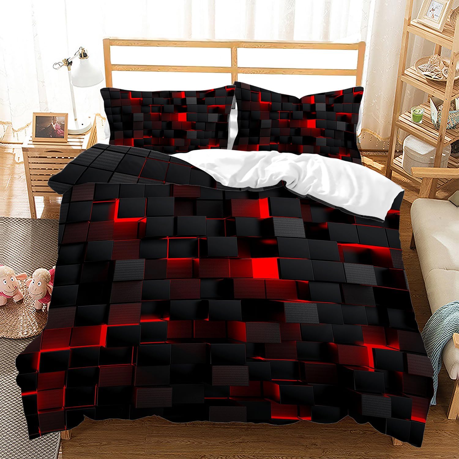 Geometric Red Black Duvet Cover Queen Size,Light Honeycomb 3PCS Bedding Set for Kids and Adults,Modern Cover Set Geometry Decor,Microfiber Lightweight 1 Duvet Cover and 2 Pillowcases
