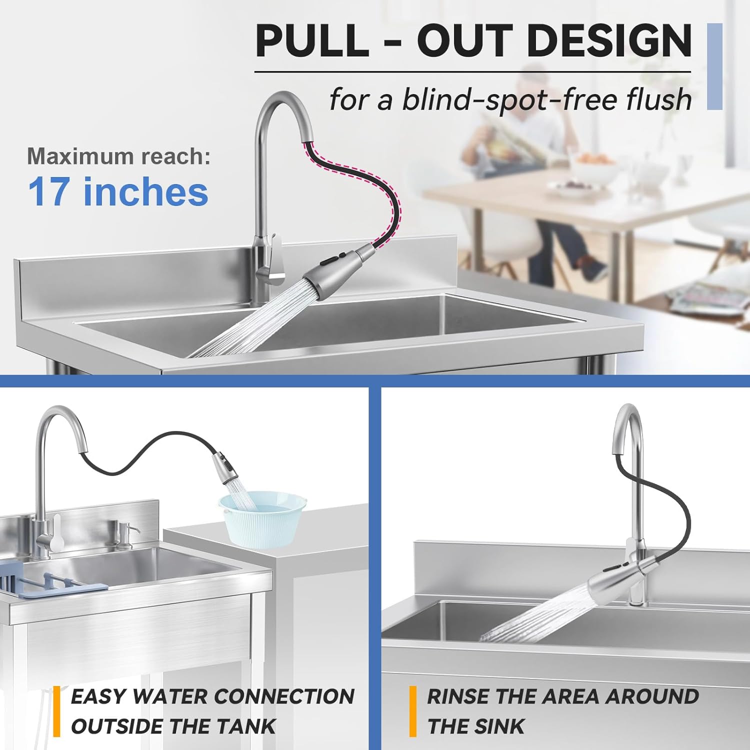 Stainless Steel Utility Sink, Commercial Kitchen Single Bowl Sink with Cold and Hot Water Faucet,Hoses and Drain Kit,Complete Base Plate,Stainless Utility Sink for Kitchens, Bathrooms, Laundry Room