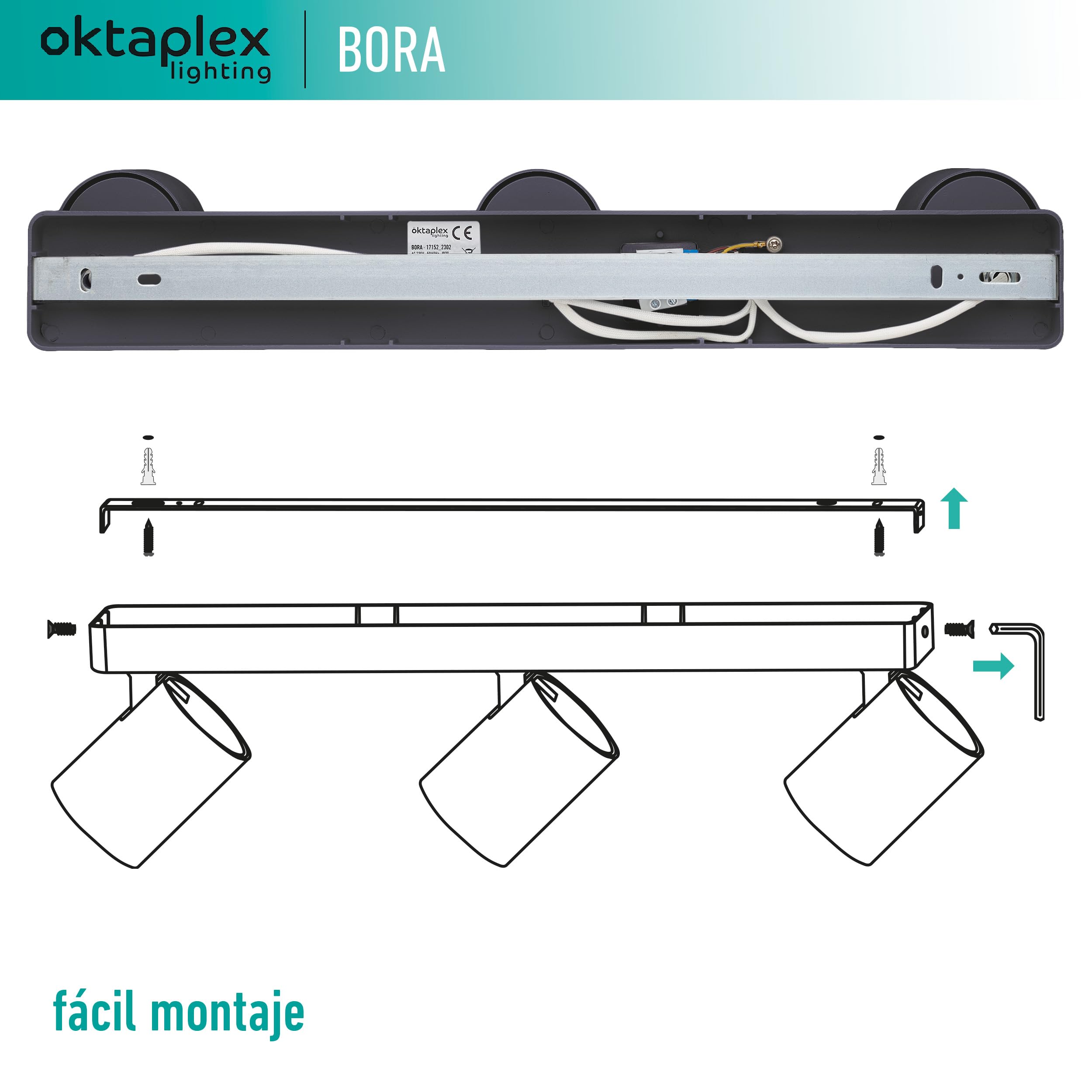 Oktaplex Bora foco de techo 3 flame GU10 LED spot bar 45 cm 230 V spot luz foco orientable lámpara de techo negro